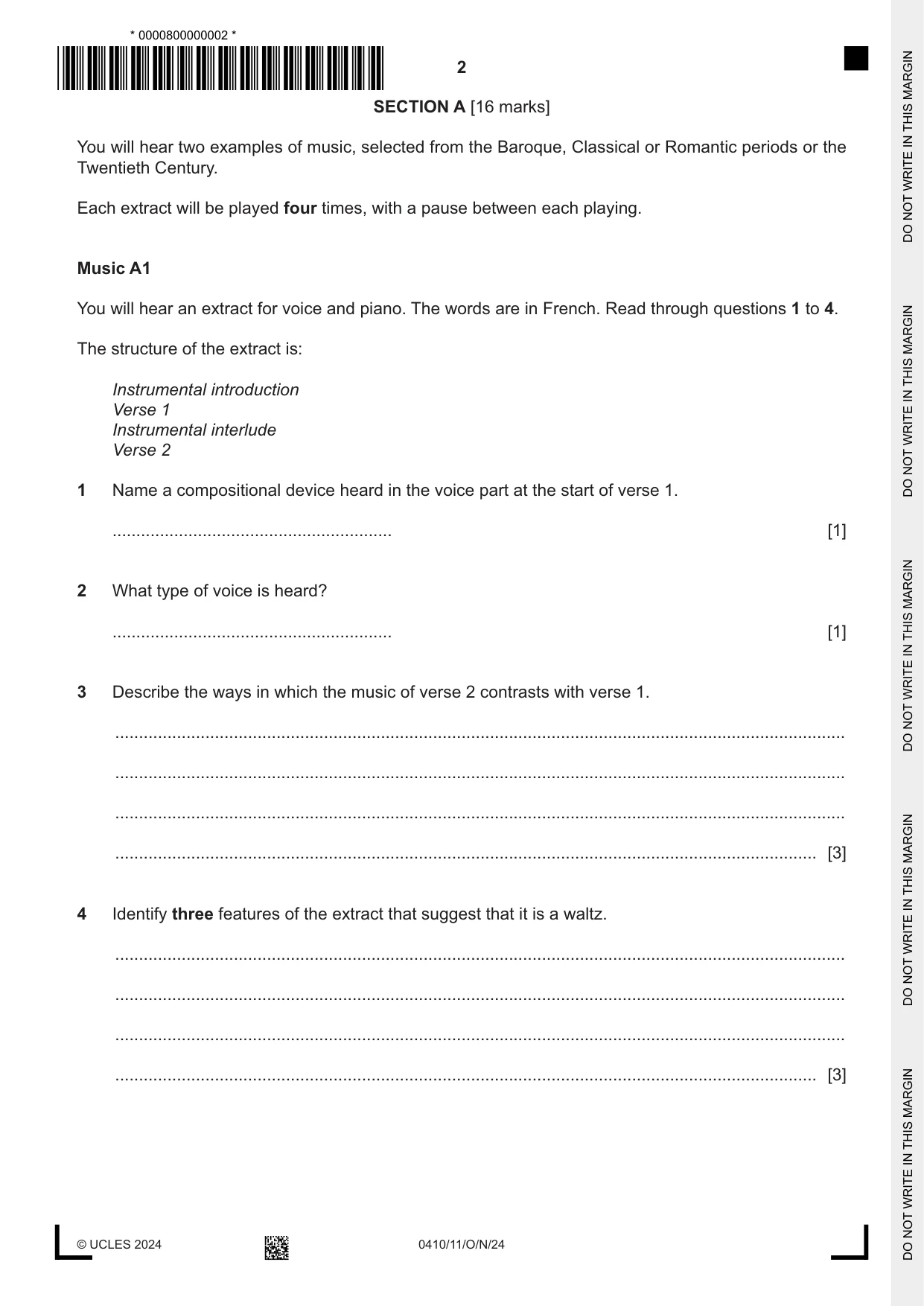 Cambridge IGCSE Music 0410 2024 Oct/Nov Paper 1 · Variant 1 question paper, page 2 of 16
