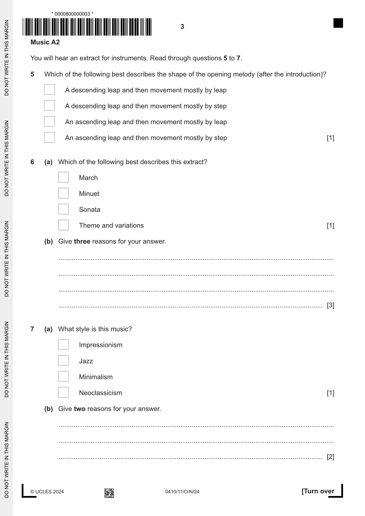 Cambridge IGCSE Music 0410 2024 Oct/Nov Paper 1 · Variant 1 question paper, page 3 of 16
