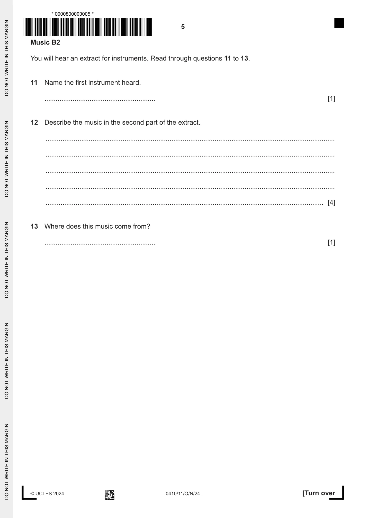 Cambridge IGCSE Music 0410 2024 Oct/Nov Paper 1 · Variant 1 question paper, page 5 of 16