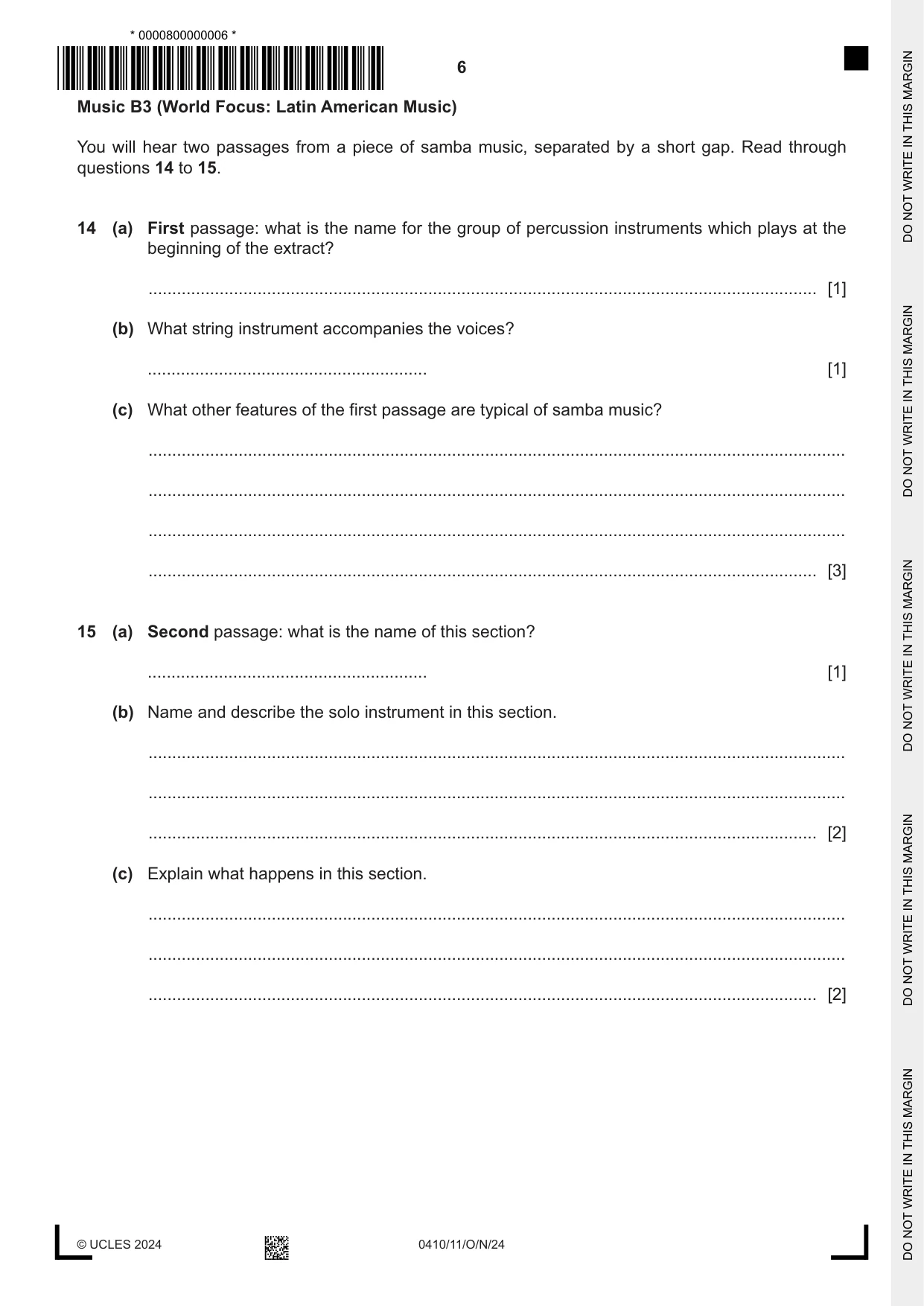 Cambridge IGCSE Music 0410 2024 Oct/Nov Paper 1 · Variant 1 question paper, page 6 of 16