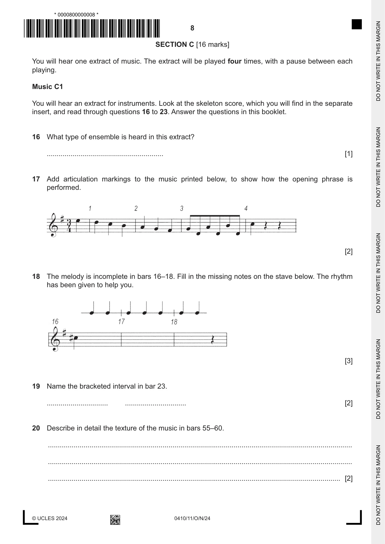 Cambridge IGCSE Music 0410 2024 Oct/Nov Paper 1 · Variant 1 question paper, page 8 of 16