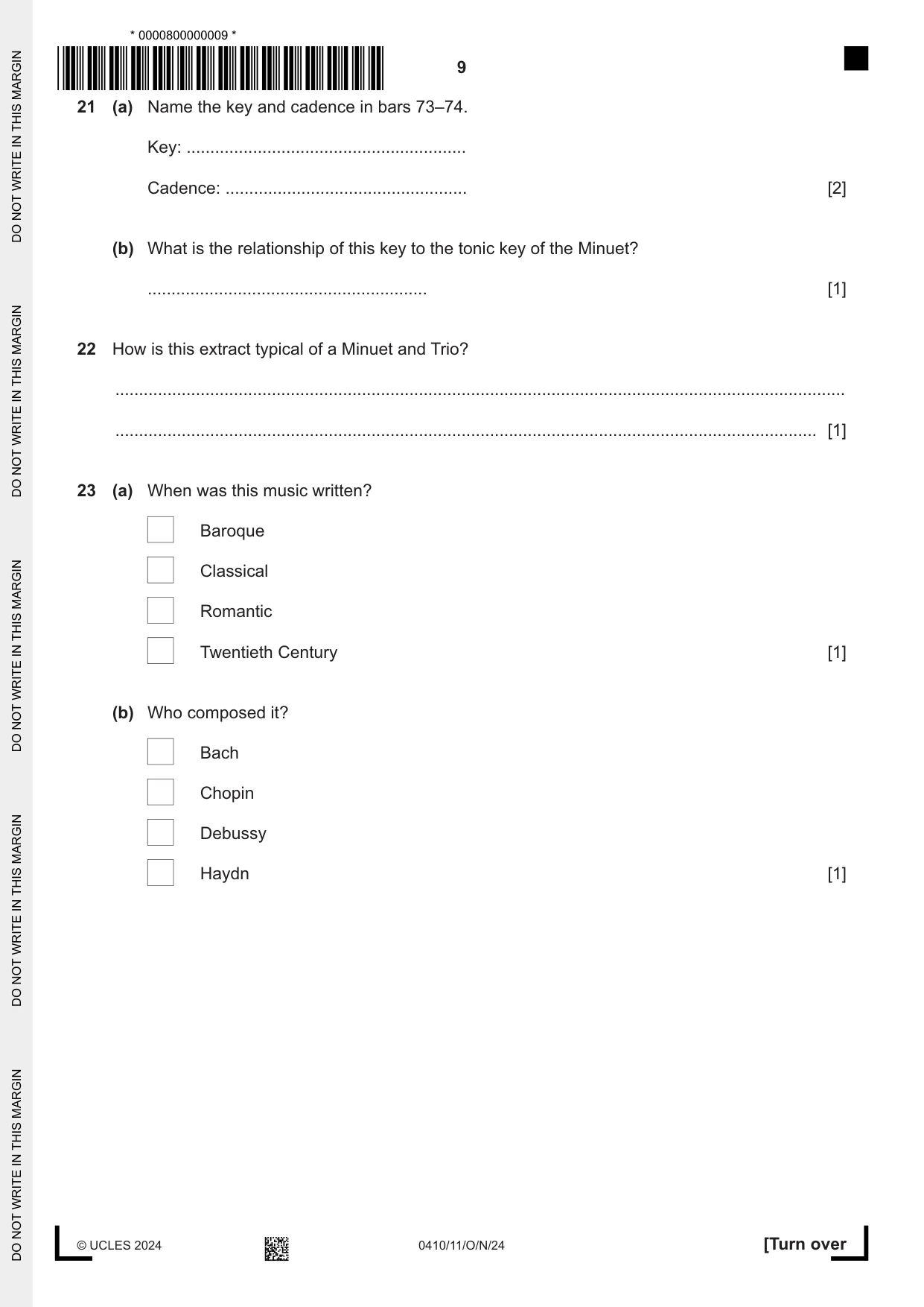 Cambridge IGCSE Music 0410 2024 Oct/Nov Paper 1 · Variant 1 question paper, page 9 of 16