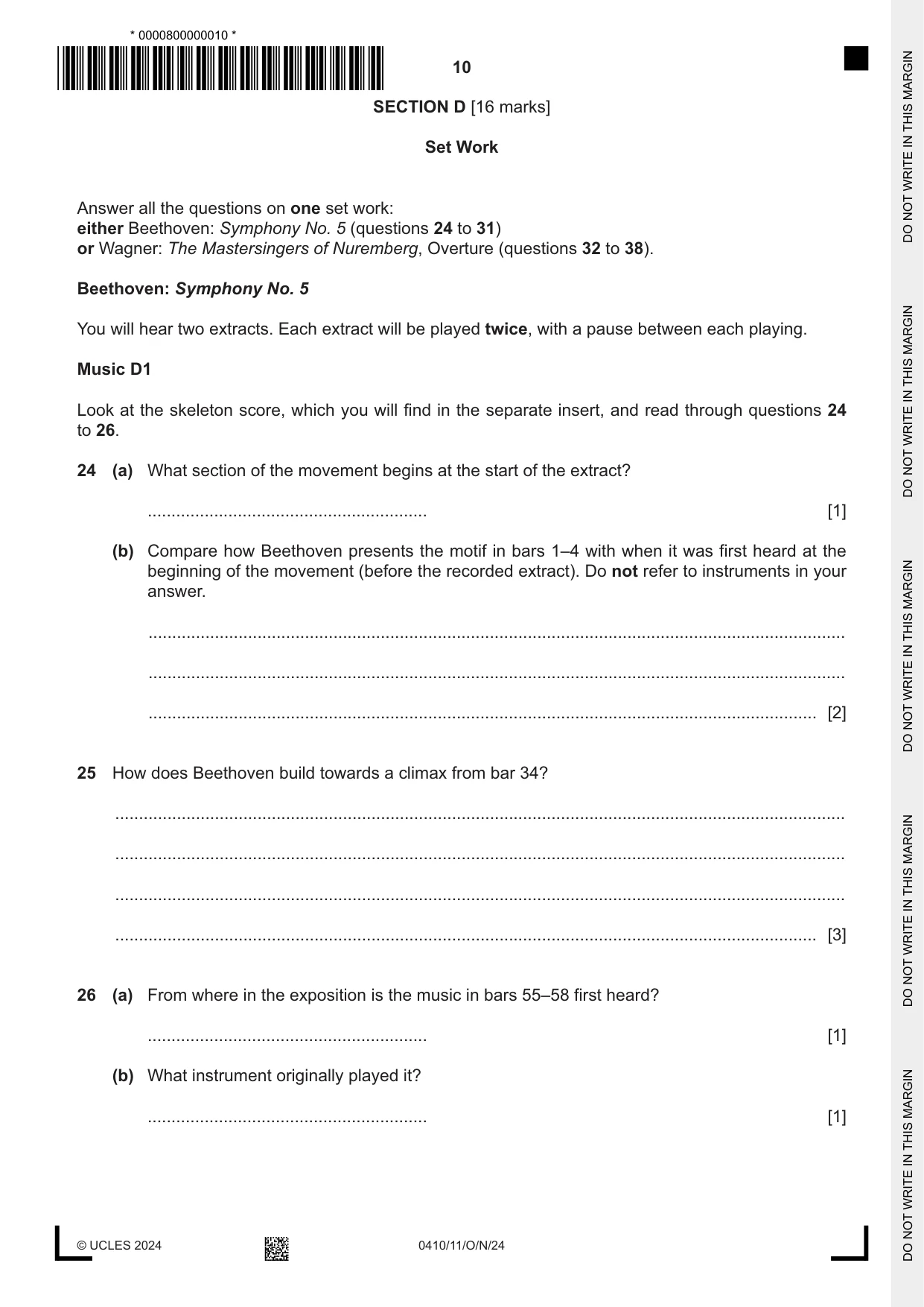 Cambridge IGCSE Music 0410 2024 Oct/Nov Paper 1 · Variant 1 question paper, page 10 of 16
