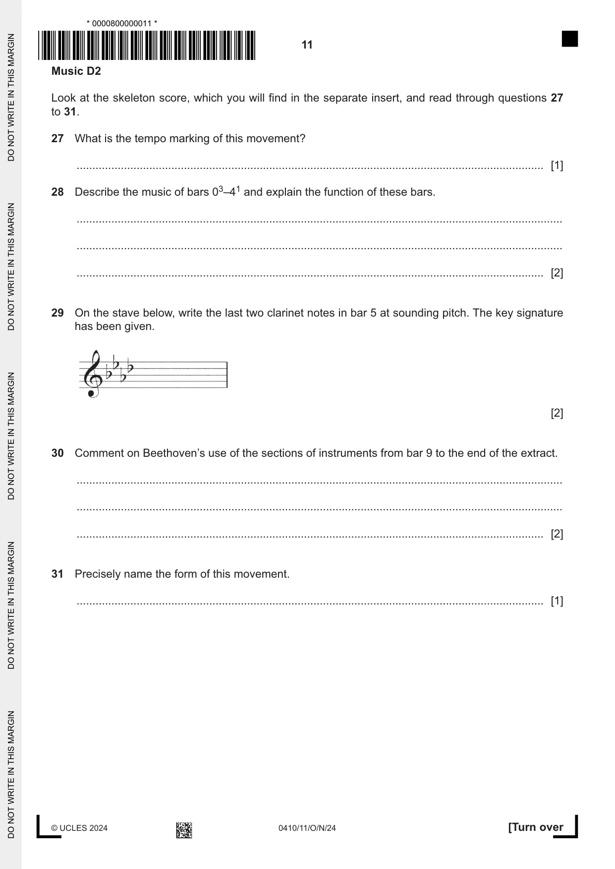 Cambridge IGCSE Music 0410 2024 Oct/Nov Paper 1 · Variant 1 question paper, page 11 of 16