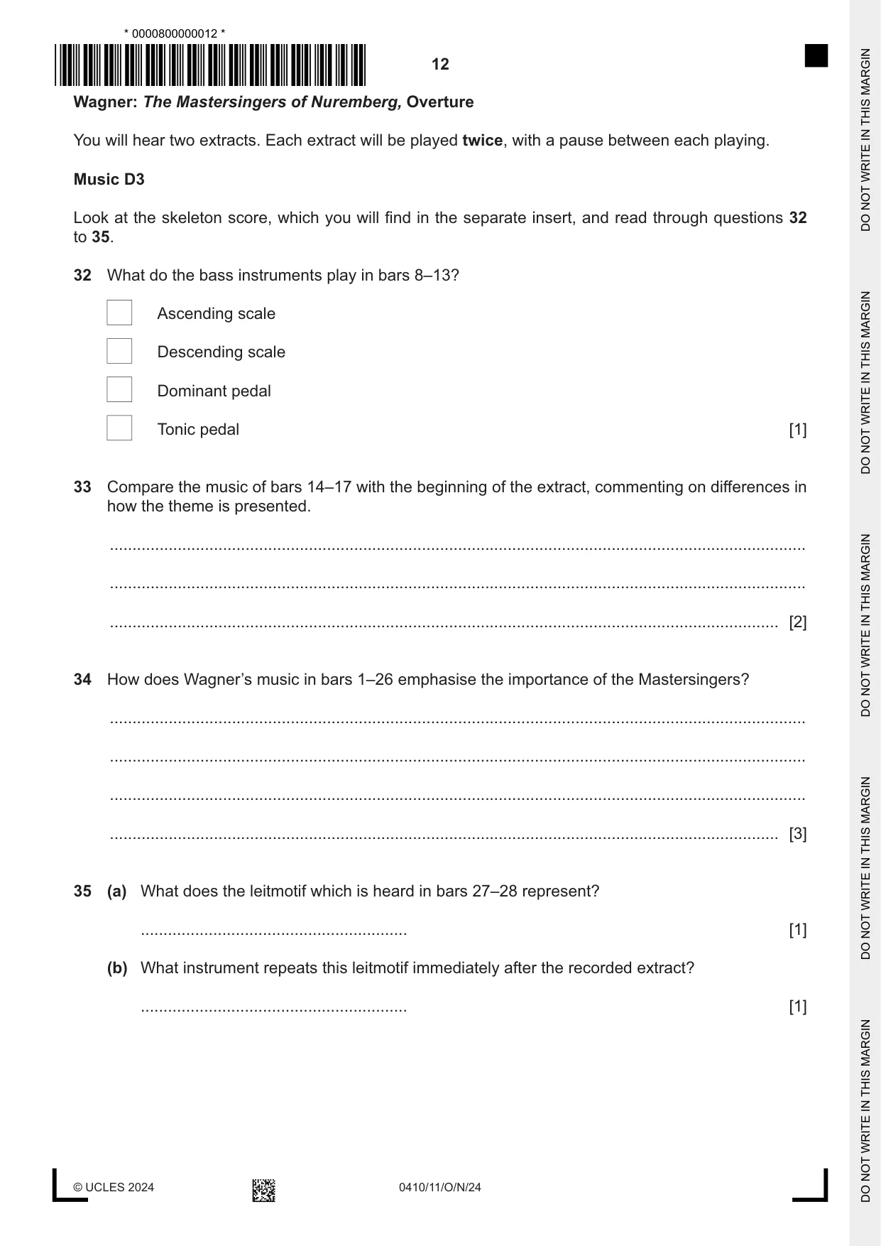 Cambridge IGCSE Music 0410 2024 Oct/Nov Paper 1 · Variant 1 question paper, page 12 of 16