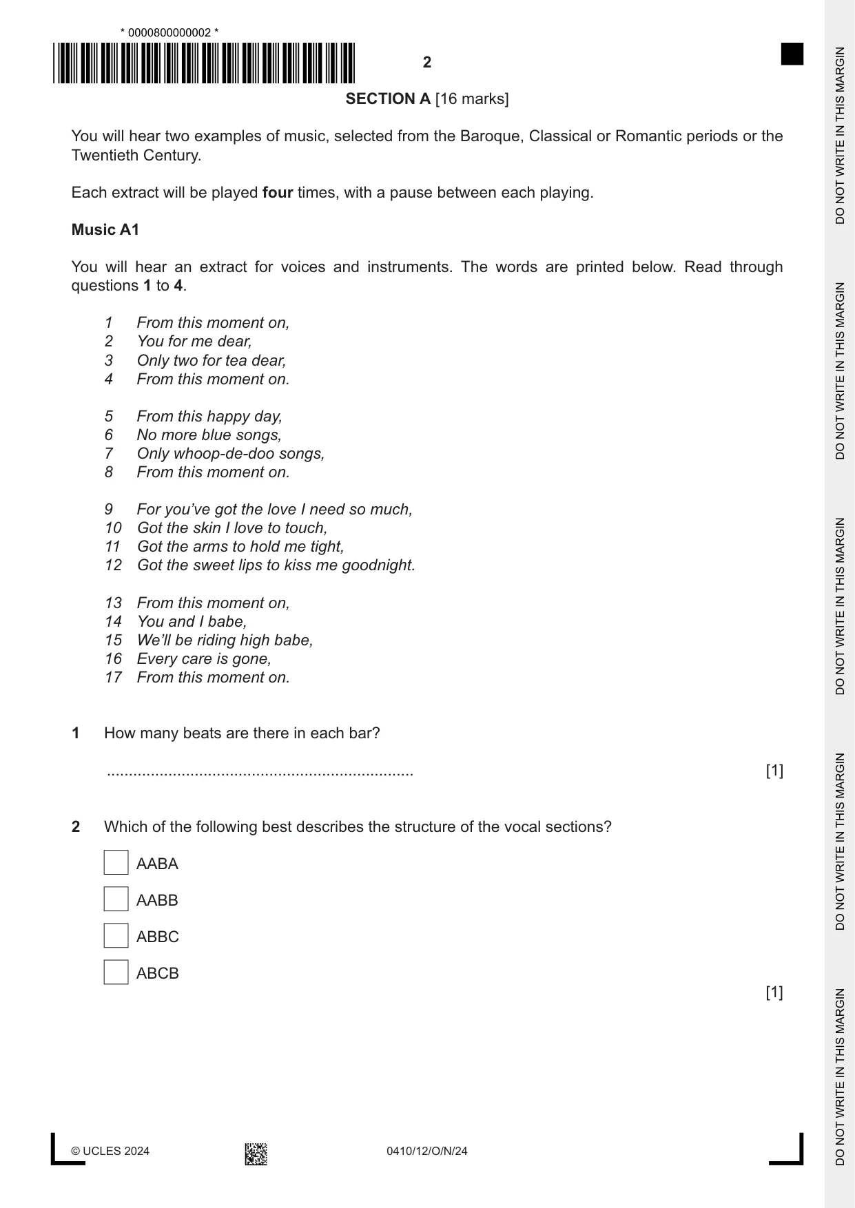 Cambridge IGCSE Music 0410 2024 Oct/Nov Paper 1 · Variant 2 question paper, page 2 of 16