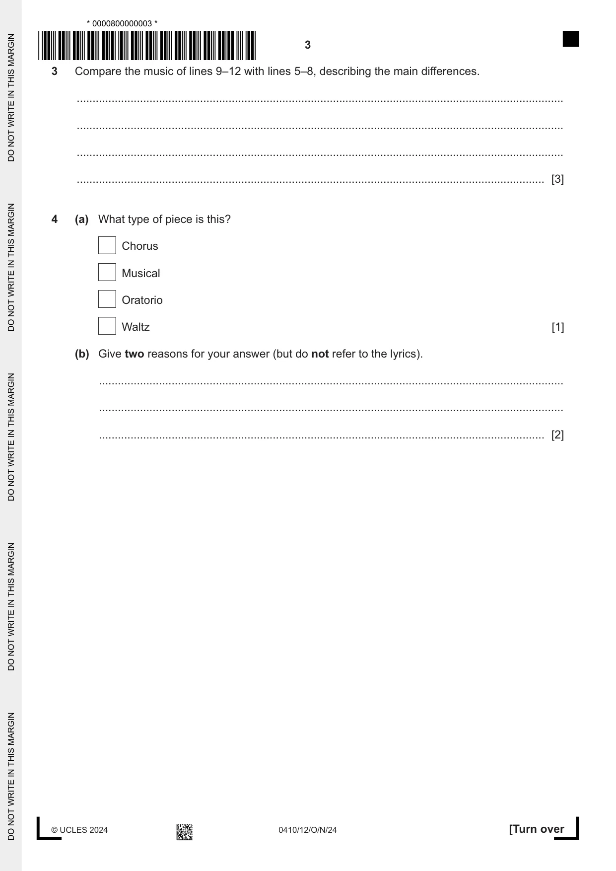 Cambridge IGCSE Music 0410 2024 Oct/Nov Paper 1 · Variant 2 question paper, page 3 of 16