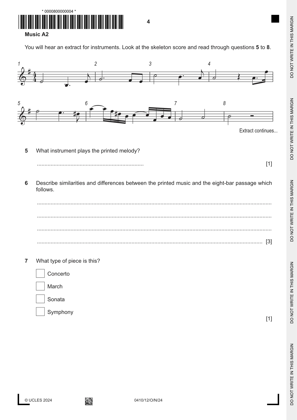 Cambridge IGCSE Music 0410 2024 Oct/Nov Paper 1 · Variant 2 question paper, page 4 of 16