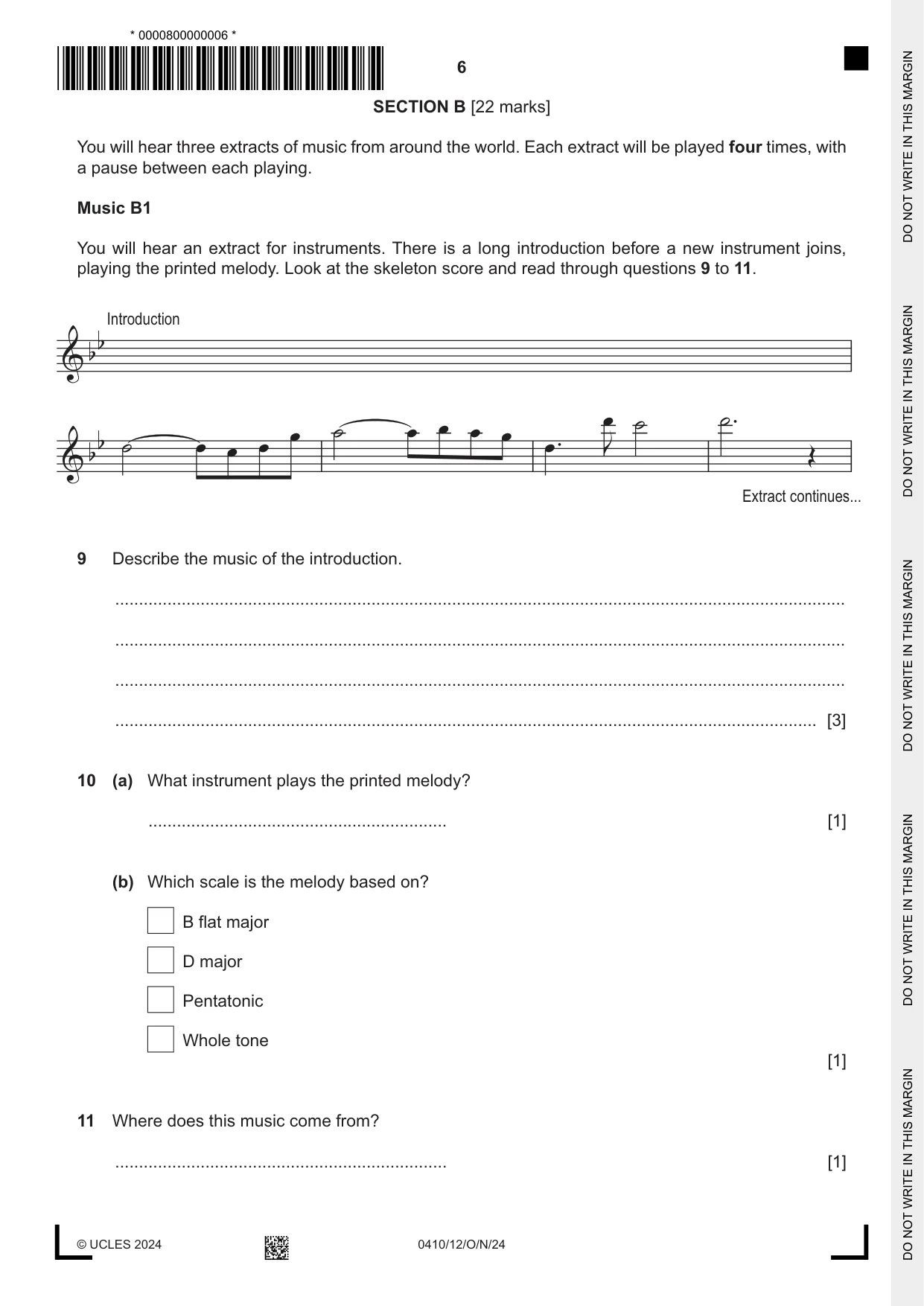 Cambridge IGCSE Music 0410 2024 Oct/Nov Paper 1 · Variant 2 question paper, page 6 of 16