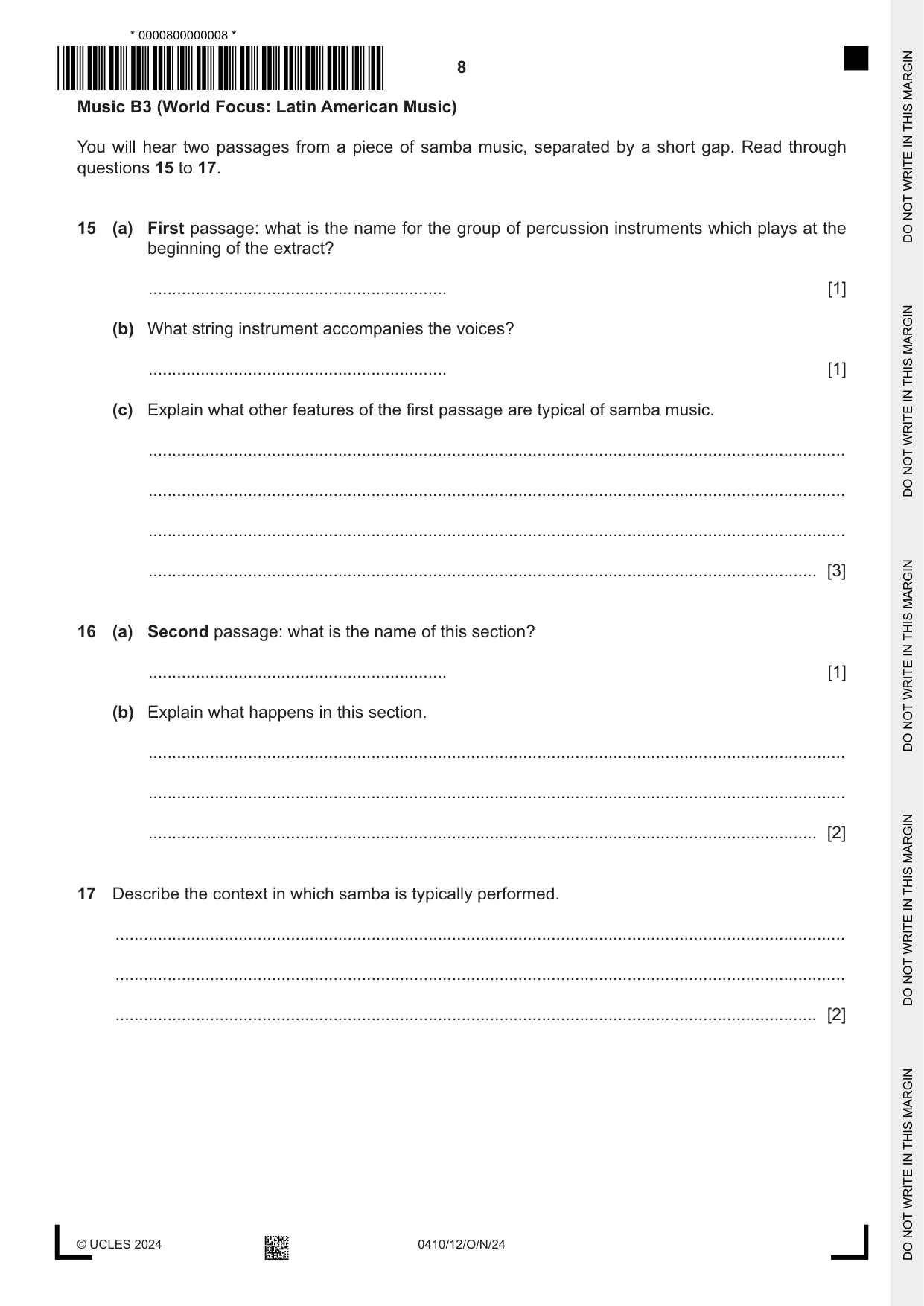 Cambridge IGCSE Music 0410 2024 Oct/Nov Paper 1 · Variant 2 question paper, page 8 of 16
