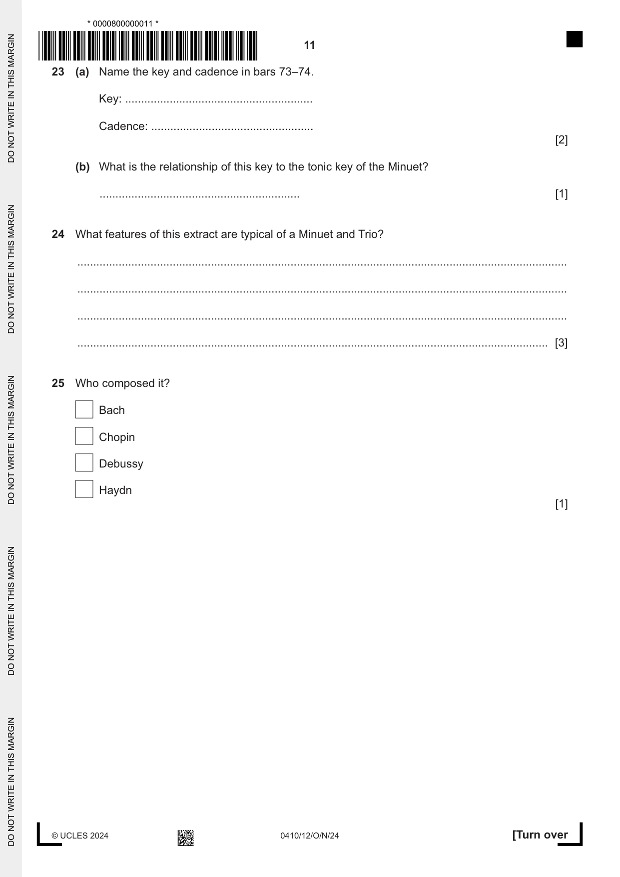 Cambridge IGCSE Music 0410 2024 Oct/Nov Paper 1 · Variant 2 question paper, page 11 of 16