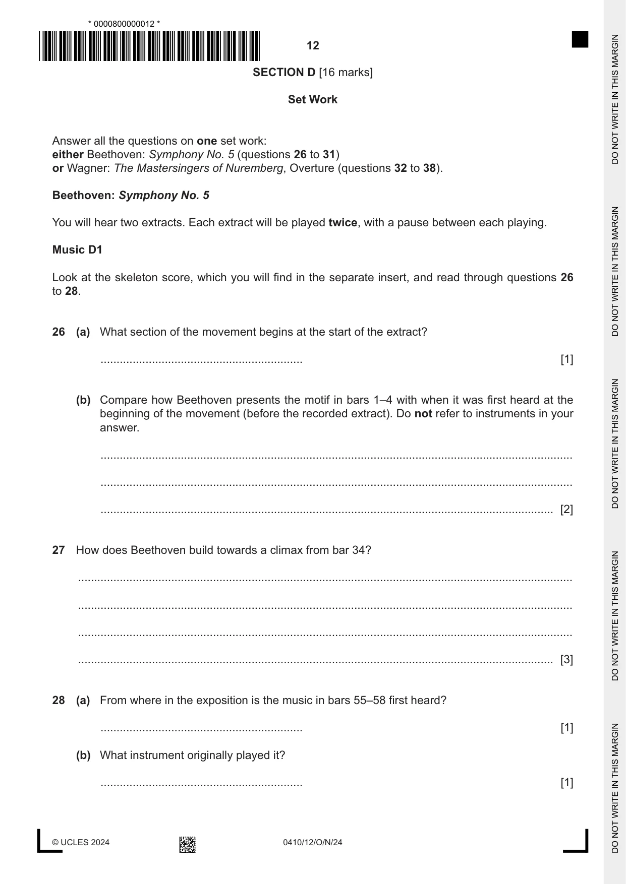 Cambridge IGCSE Music 0410 2024 Oct/Nov Paper 1 · Variant 2 question paper, page 12 of 16