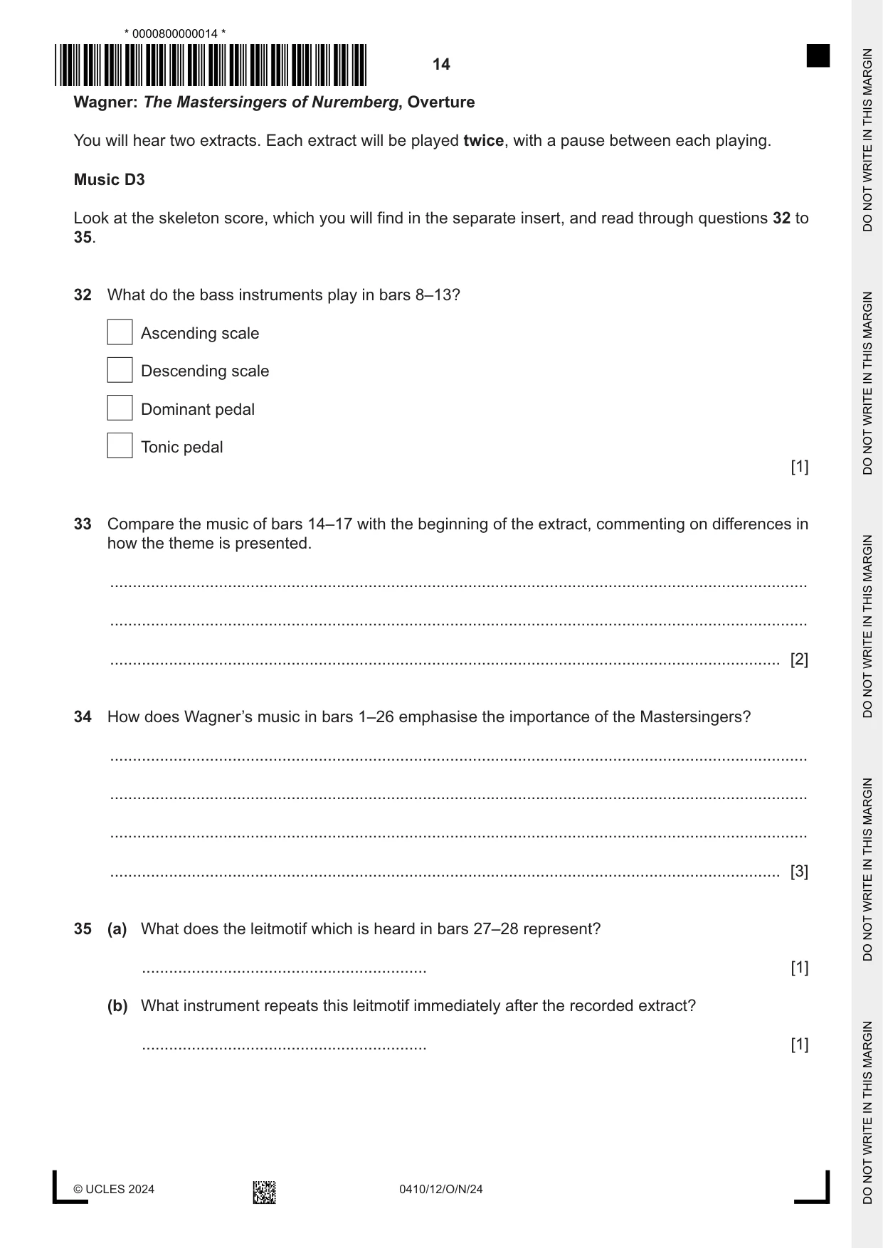Cambridge IGCSE Music 0410 2024 Oct/Nov Paper 1 · Variant 2 question paper, page 14 of 16