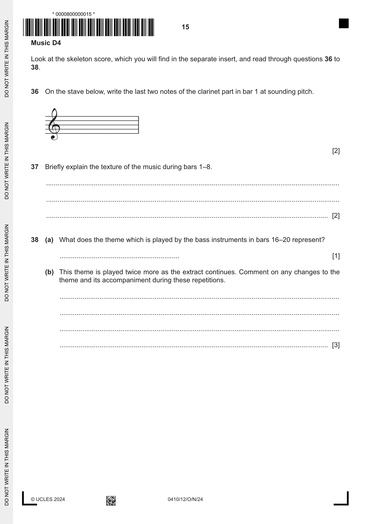 Cambridge IGCSE Music 0410 2024 Oct/Nov Paper 1 · Variant 2 question paper, page 15 of 16
