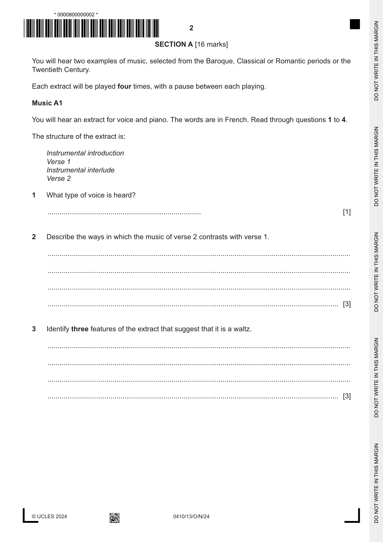 Cambridge IGCSE Music 0410 2024 Oct/Nov Paper 1 · Variant 3 question paper, page 2 of 16