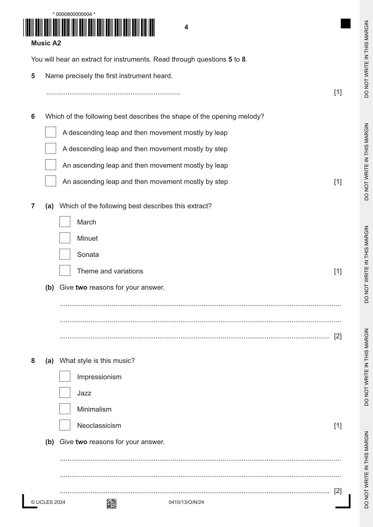 Cambridge IGCSE Music 0410 2024 Oct/Nov Paper 1 · Variant 3 question paper, page 4 of 16