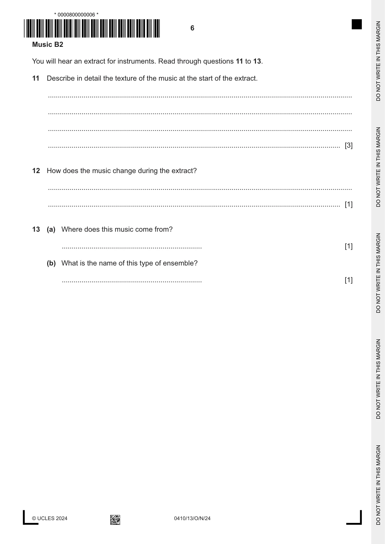 Cambridge IGCSE Music 0410 2024 Oct/Nov Paper 1 · Variant 3 question paper, page 6 of 16
