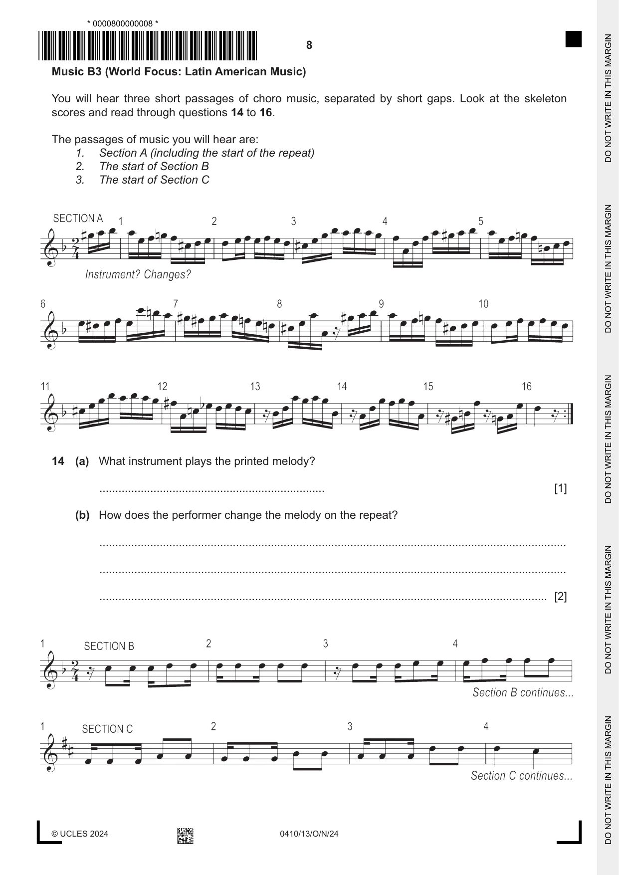 Cambridge IGCSE Music 0410 2024 Oct/Nov Paper 1 · Variant 3 question paper, page 8 of 16