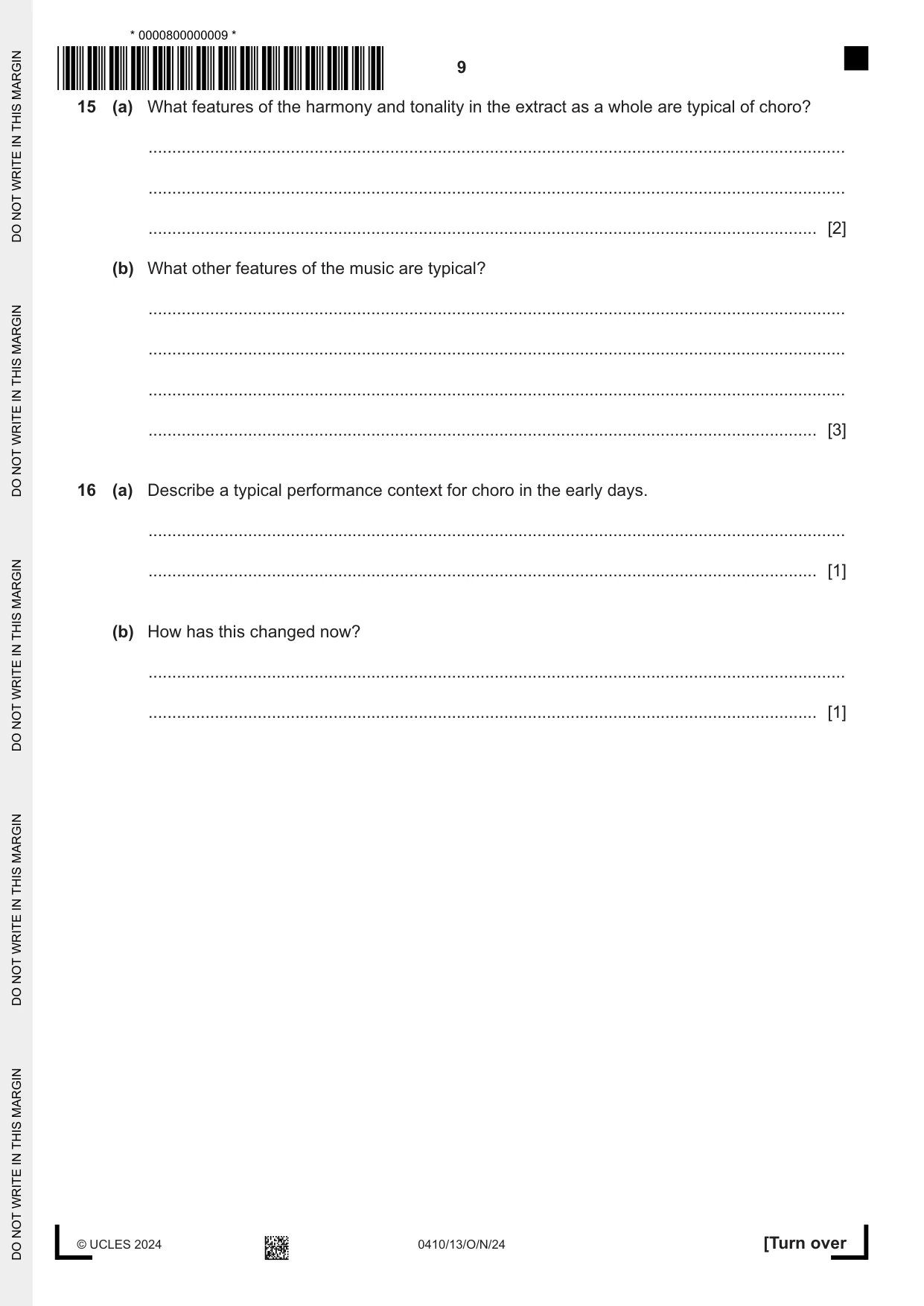 Cambridge IGCSE Music 0410 2024 Oct/Nov Paper 1 · Variant 3 question paper, page 9 of 16
