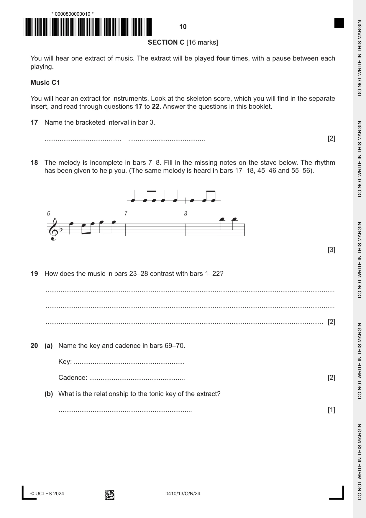 Cambridge IGCSE Music 0410 2024 Oct/Nov Paper 1 · Variant 3 question paper, page 10 of 16