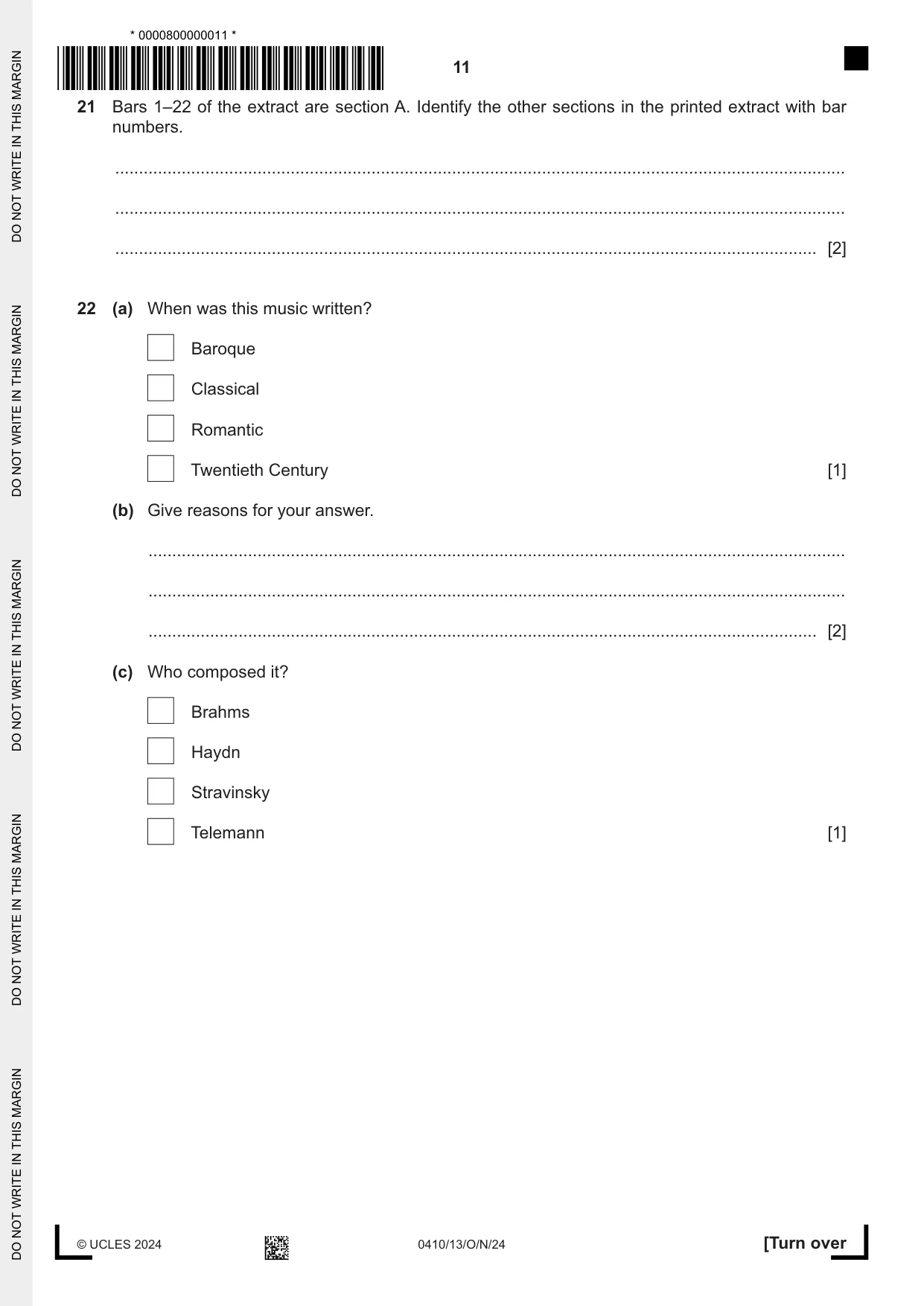 Cambridge IGCSE Music 0410 2024 Oct/Nov Paper 1 · Variant 3 question paper, page 11 of 16