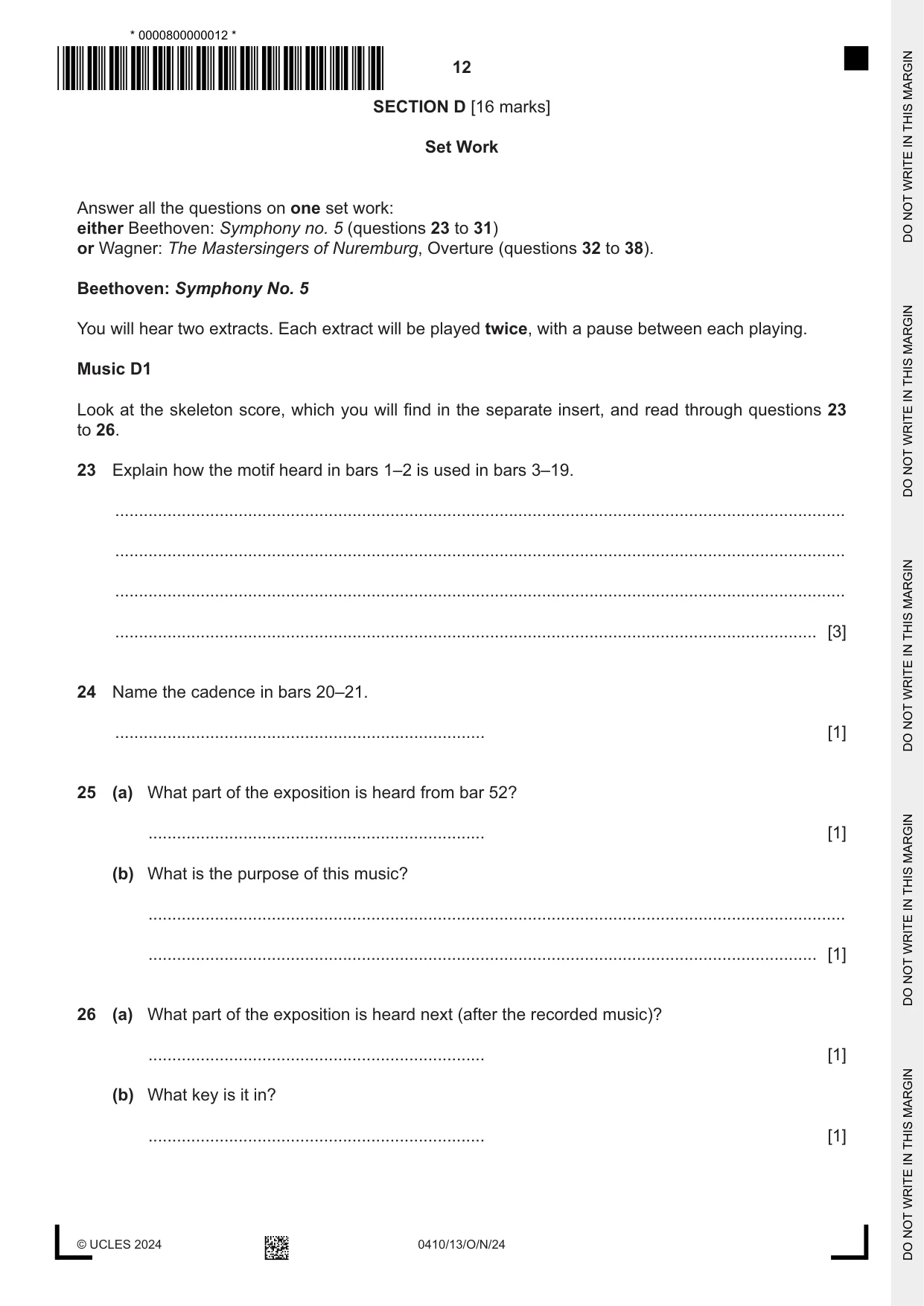 Cambridge IGCSE Music 0410 2024 Oct/Nov Paper 1 · Variant 3 question paper, page 12 of 16