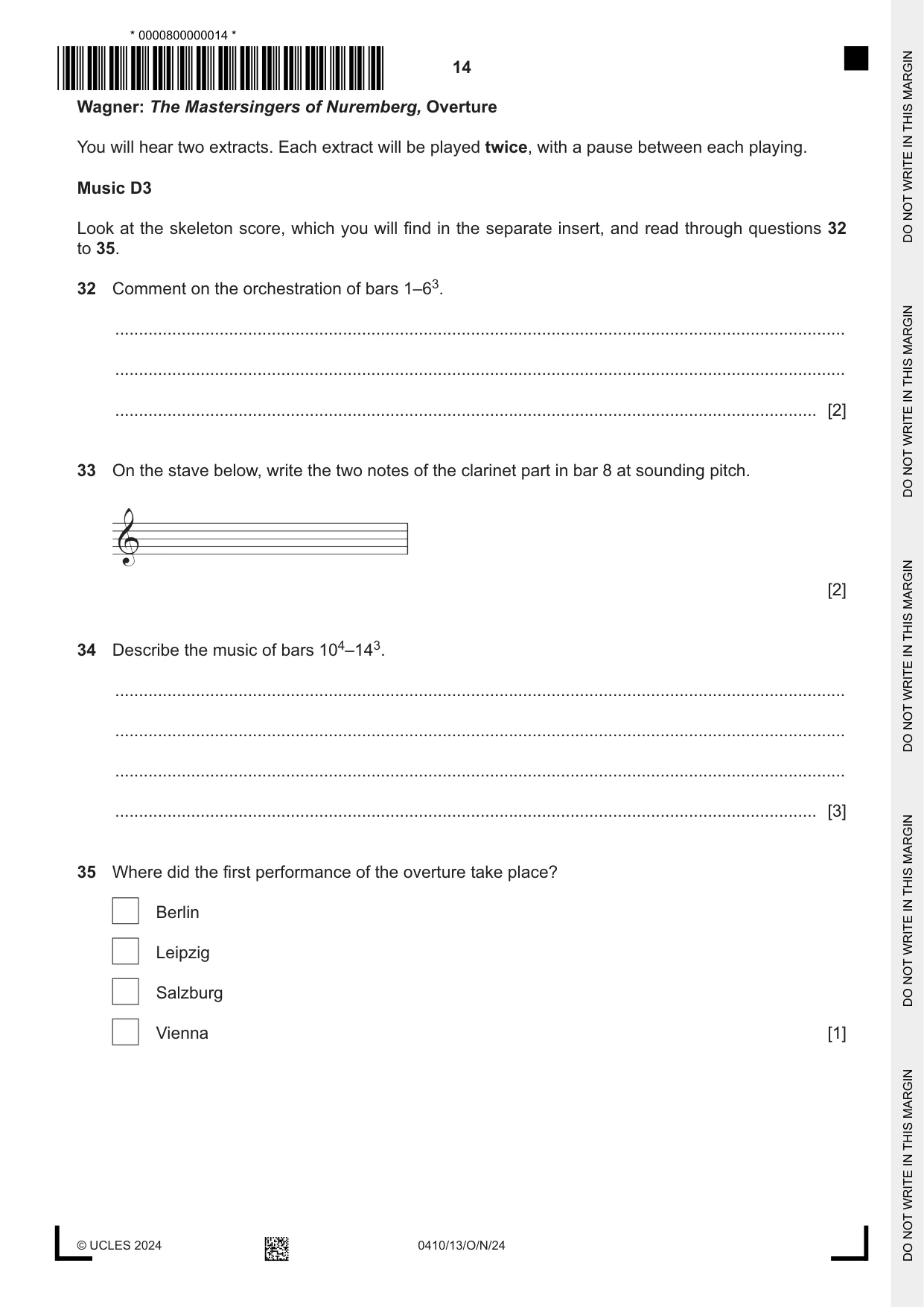 Cambridge IGCSE Music 0410 2024 Oct/Nov Paper 1 · Variant 3 question paper, page 14 of 16