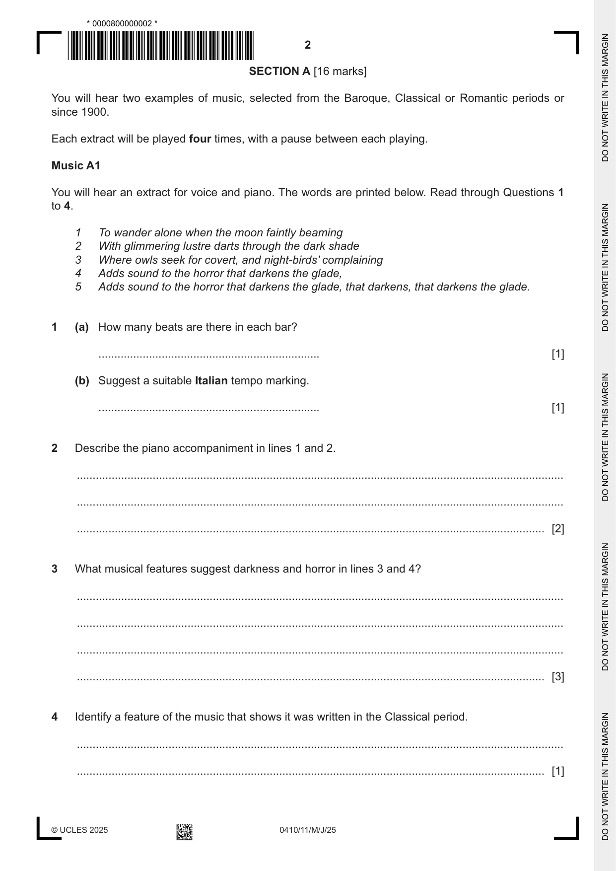 Cambridge IGCSE Music 0410 2025 May/June Paper 1 · Variant 1 question paper, page 2 of 16