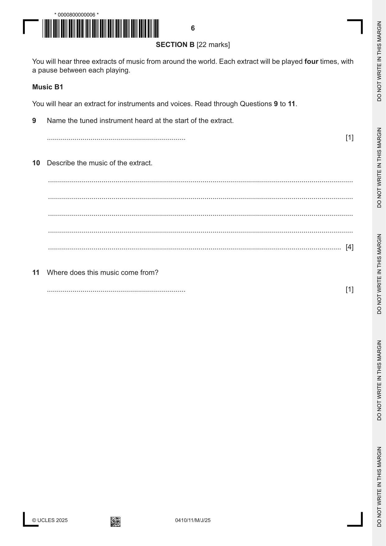 Cambridge IGCSE Music 0410 2025 May/June Paper 1 · Variant 1 question paper, page 6 of 16