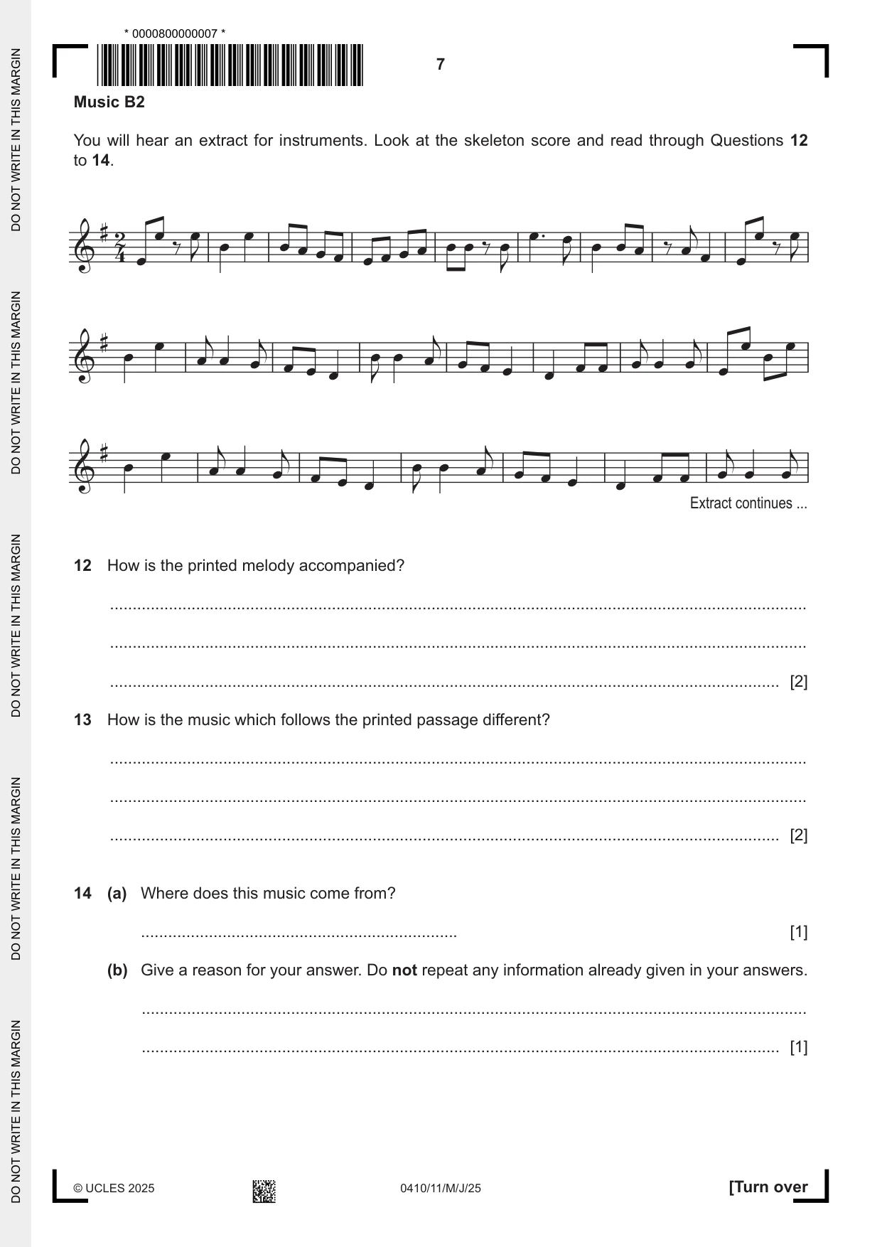 Cambridge IGCSE Music 0410 2025 May/June Paper 1 · Variant 1 question paper, page 7 of 16