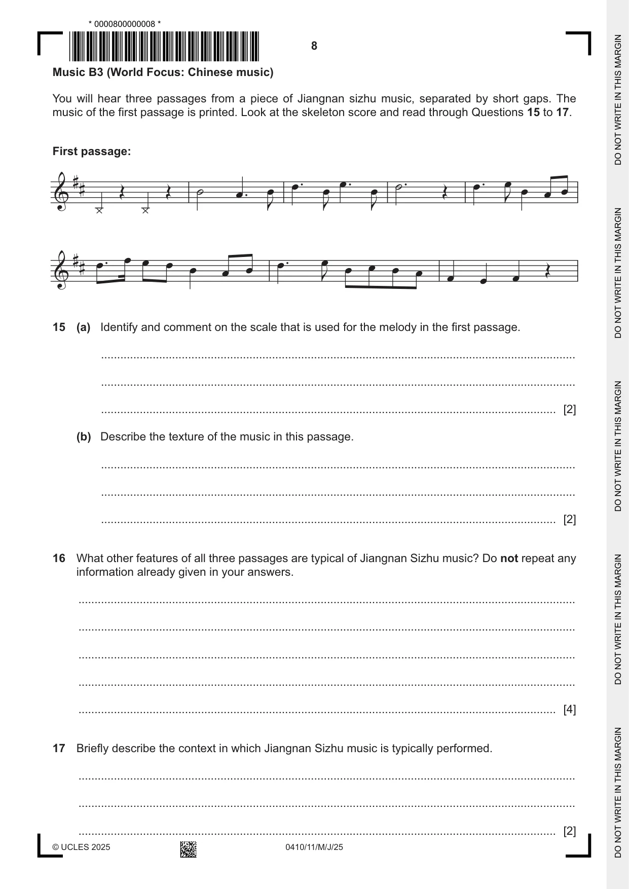 Cambridge IGCSE Music 0410 2025 May/June Paper 1 · Variant 1 question paper, page 8 of 16