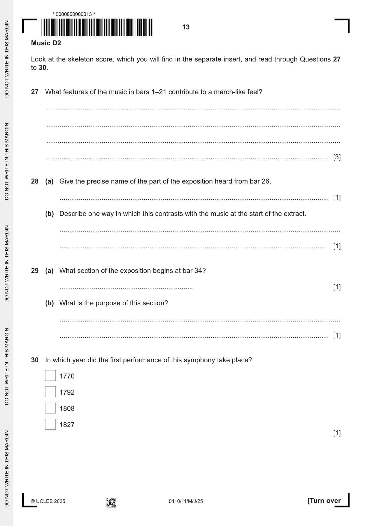 Cambridge IGCSE Music 0410 2025 May/June Paper 1 · Variant 1 question paper, page 13 of 16