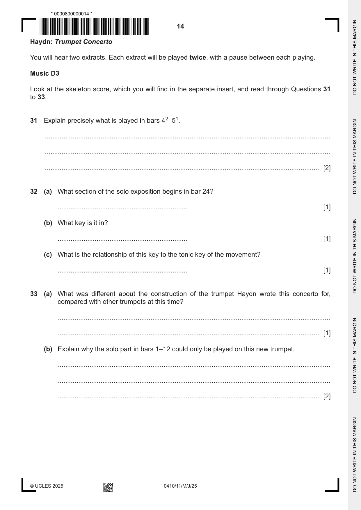 Cambridge IGCSE Music 0410 2025 May/June Paper 1 · Variant 1 question paper, page 14 of 16