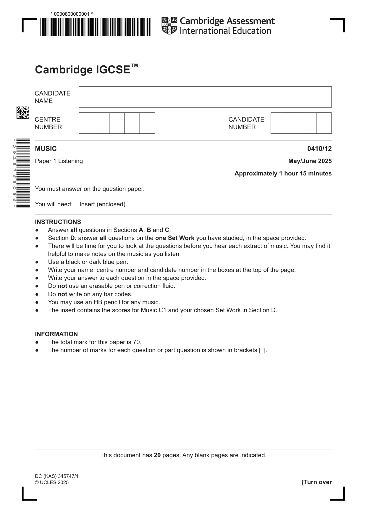 Cambridge IGCSE Music 0410 2025 May/June Paper 1 · Variant 2 question paper, page 1 of 20