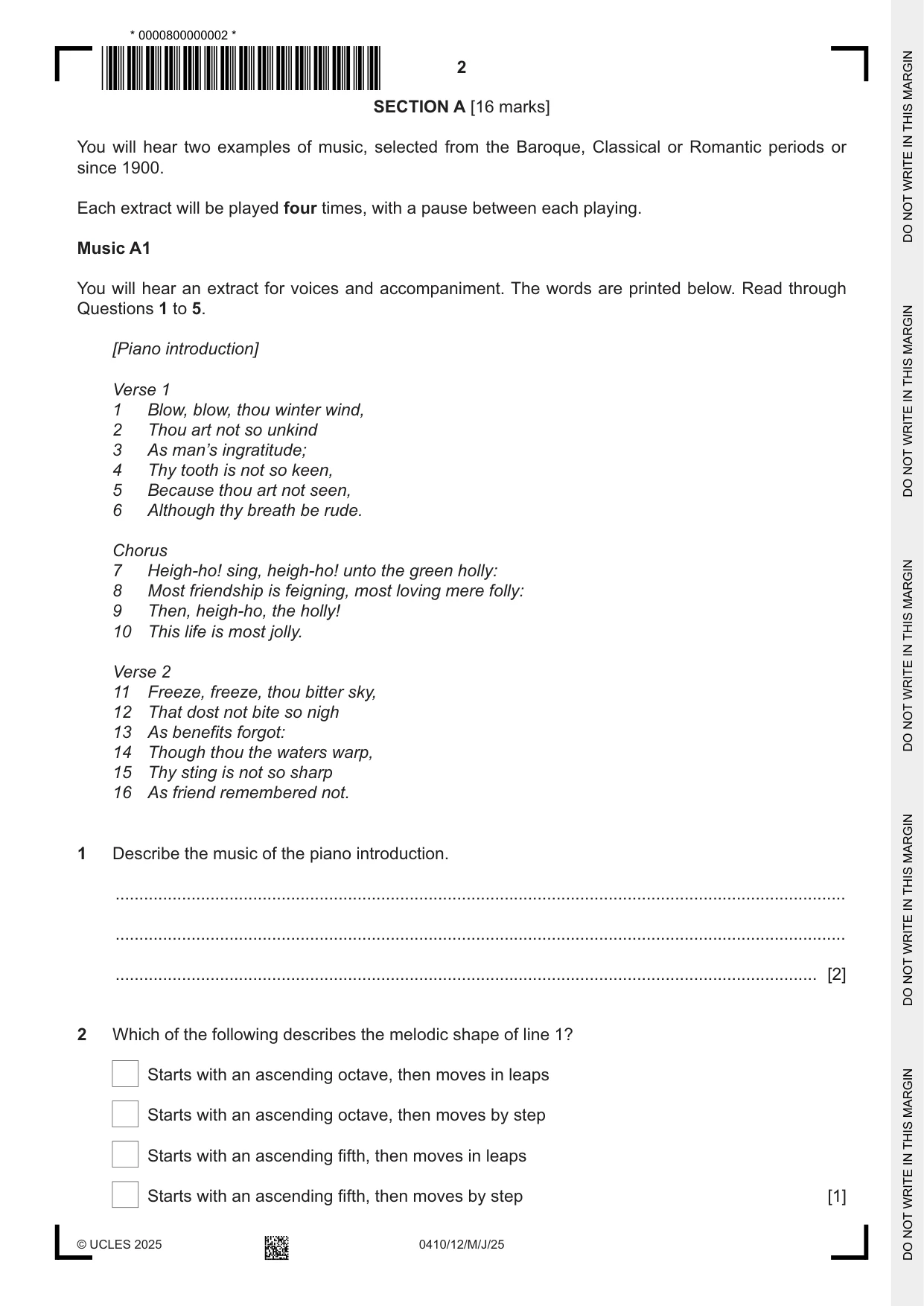 Cambridge IGCSE Music 0410 2025 May/June Paper 1 · Variant 2 question paper, page 2 of 20