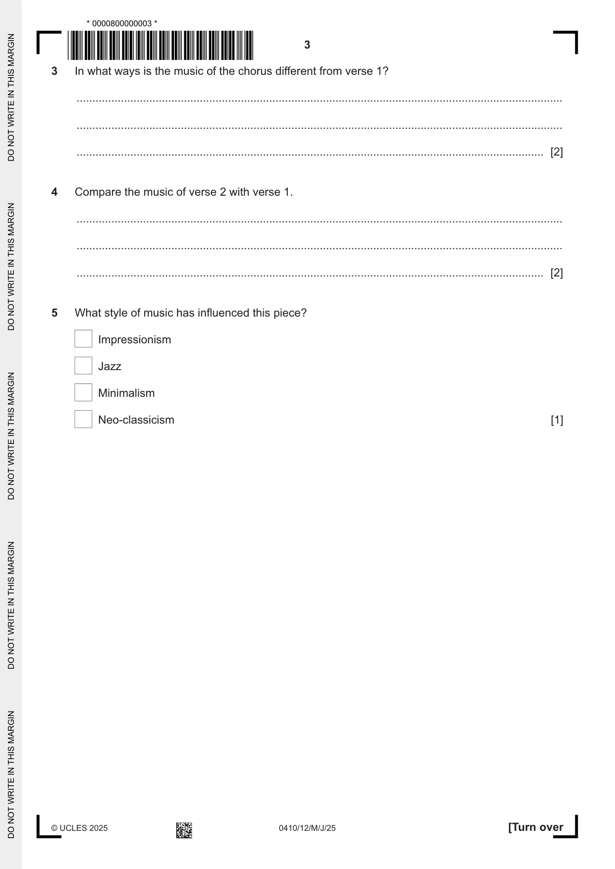 Cambridge IGCSE Music 0410 2025 May/June Paper 1 · Variant 2 question paper, page 3 of 20