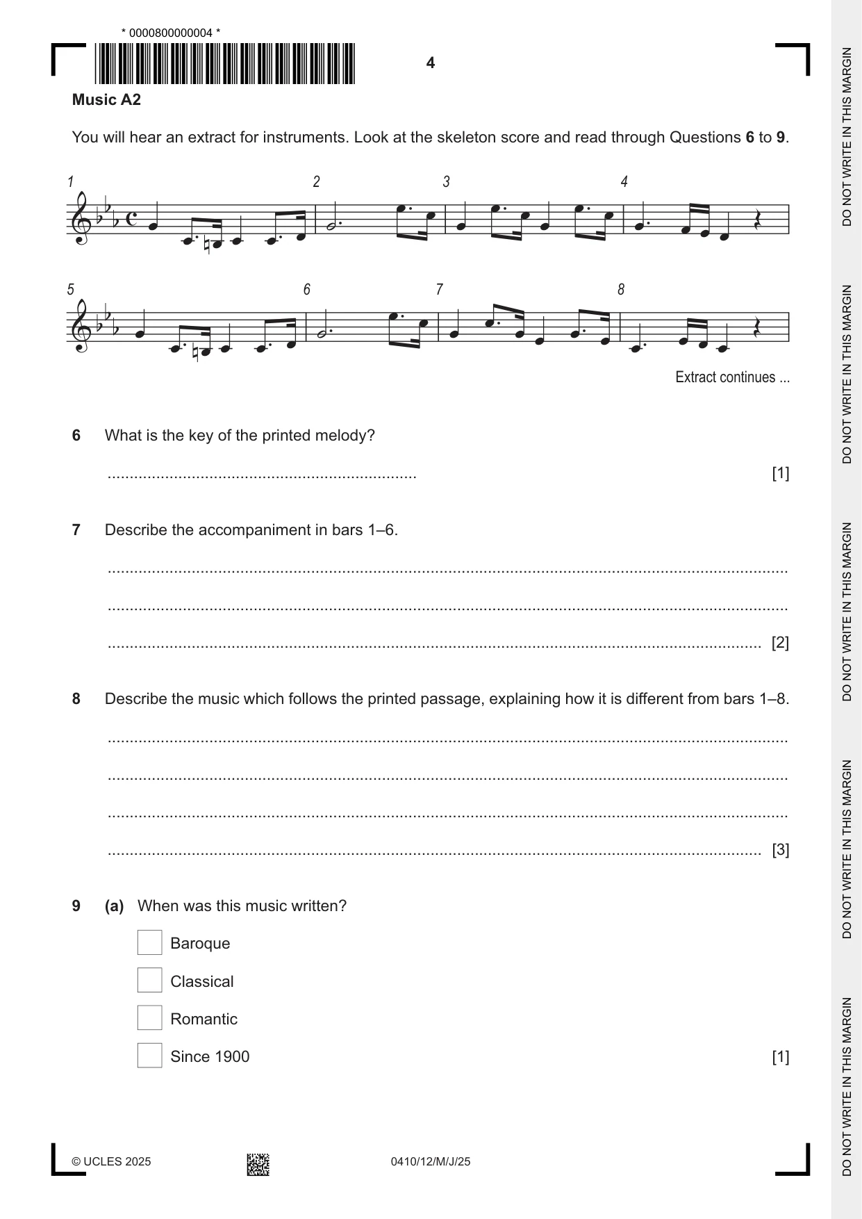 Cambridge IGCSE Music 0410 2025 May/June Paper 1 · Variant 2 question paper, page 4 of 20