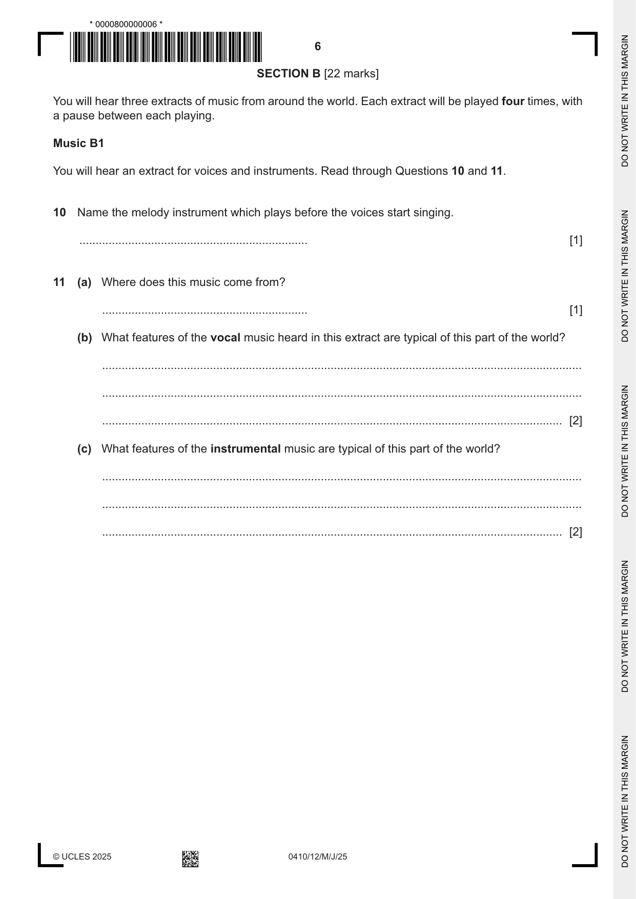 Cambridge IGCSE Music 0410 2025 May/June Paper 1 · Variant 2 question paper, page 6 of 20