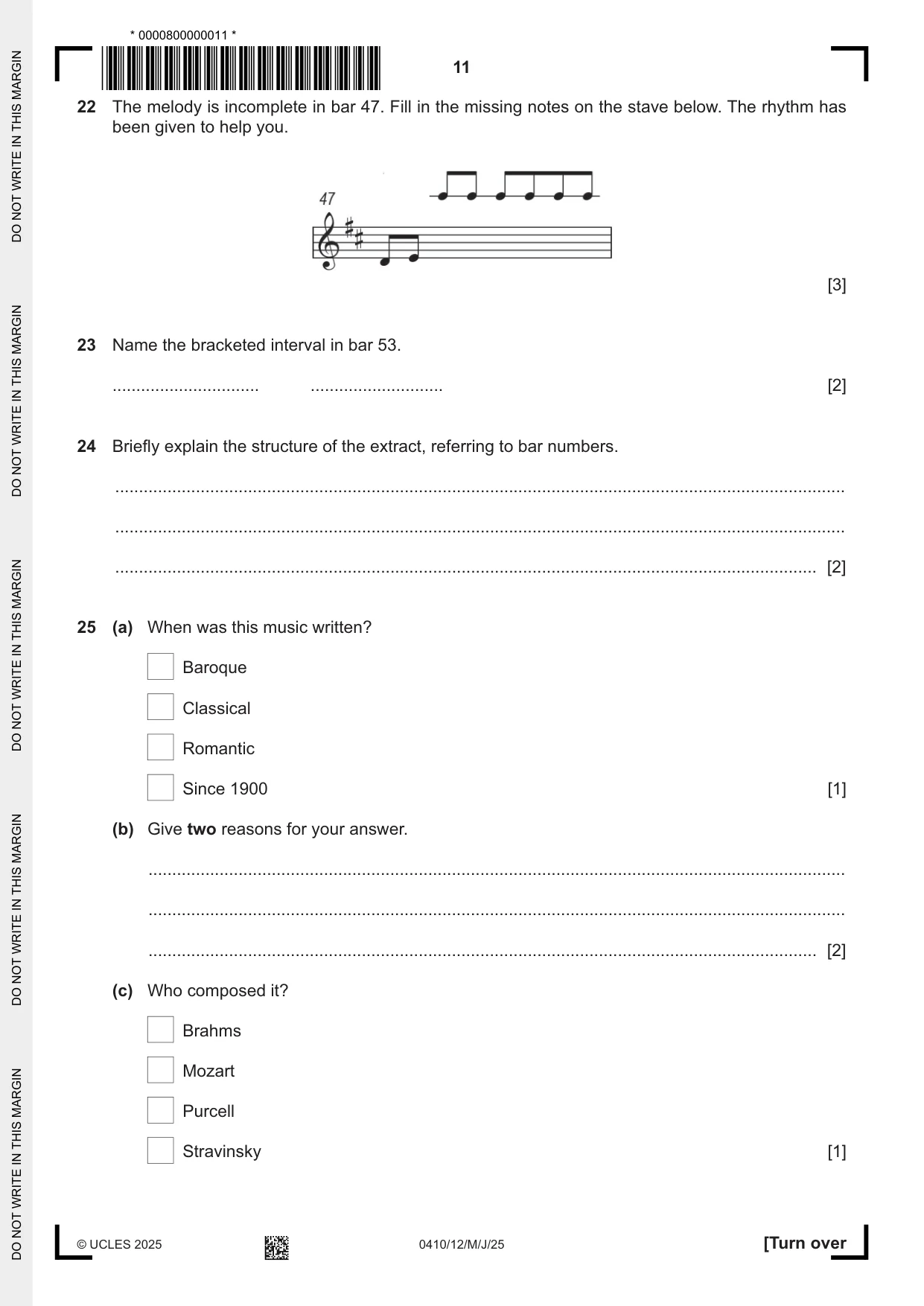 Cambridge IGCSE Music 0410 2025 May/June Paper 1 · Variant 2 question paper, page 11 of 20