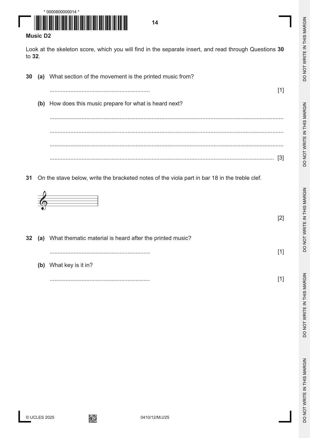 Cambridge IGCSE Music 0410 2025 May/June Paper 1 · Variant 2 question paper, page 14 of 20