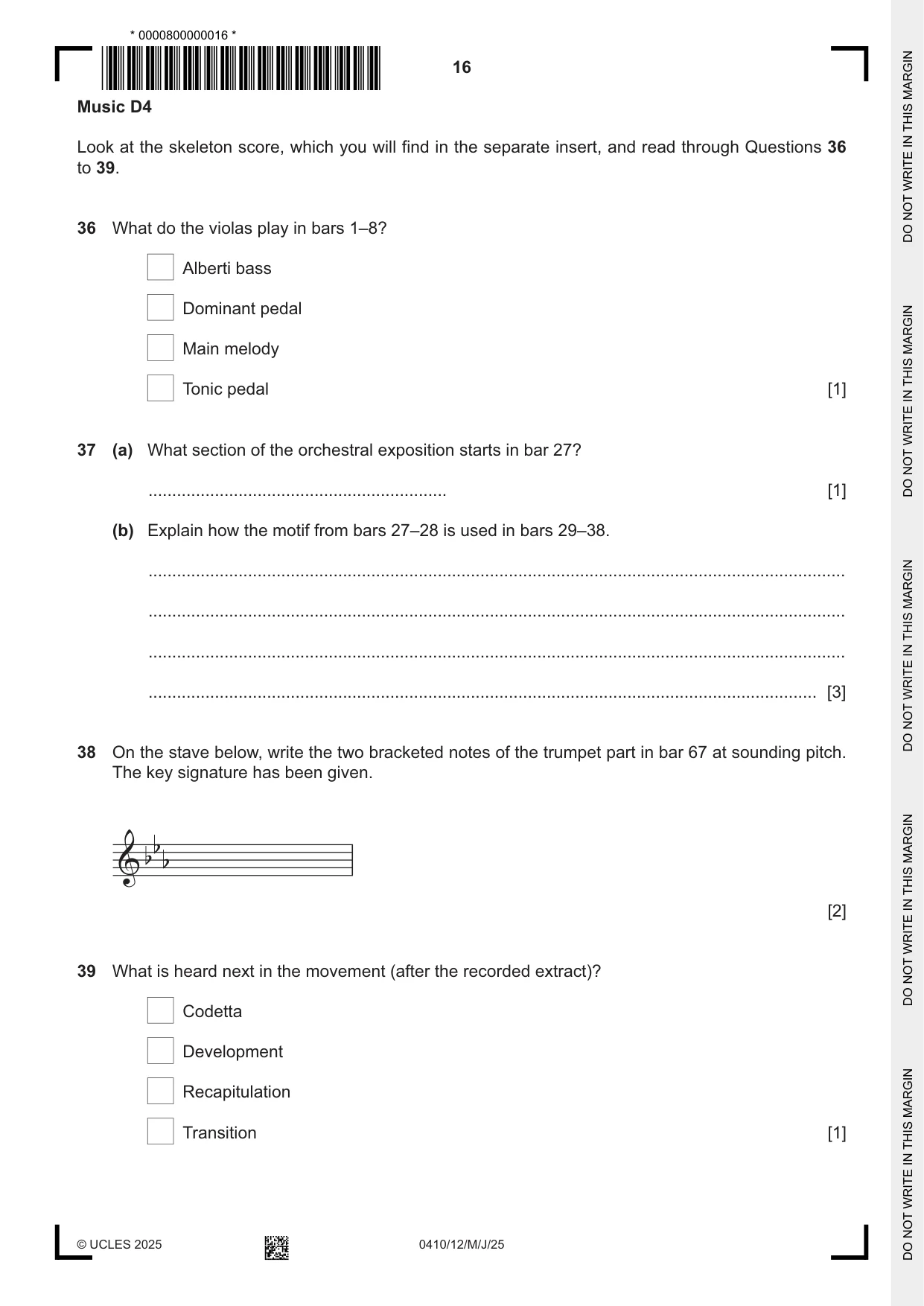 Cambridge IGCSE Music 0410 2025 May/June Paper 1 · Variant 2 question paper, page 16 of 20