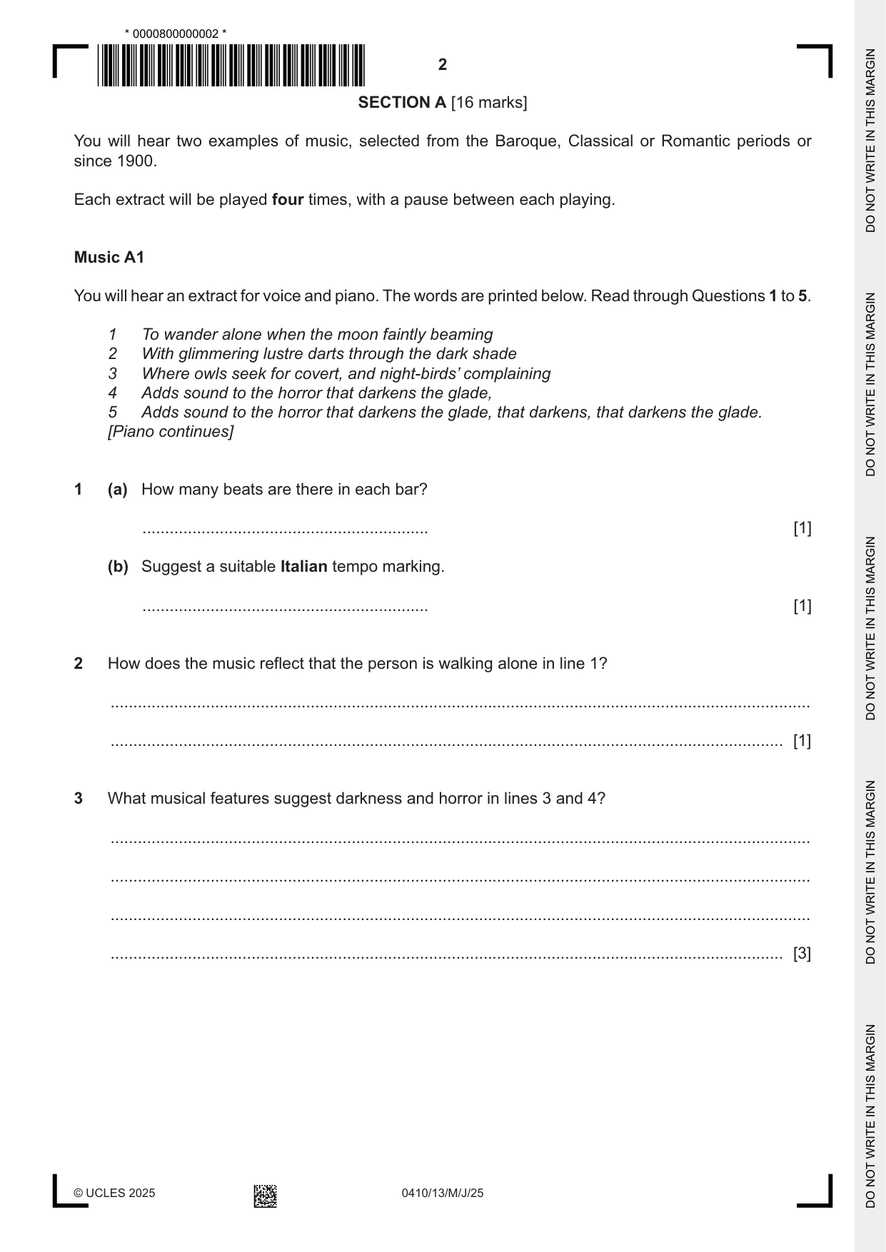Cambridge IGCSE Music 0410 2025 May/June Paper 1 · Variant 3 question paper, page 2 of 16