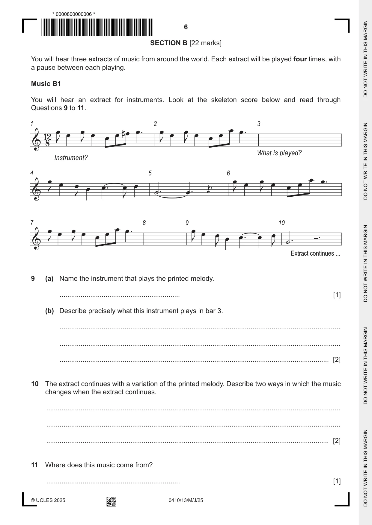 Cambridge IGCSE Music 0410 2025 May/June Paper 1 · Variant 3 question paper, page 6 of 16