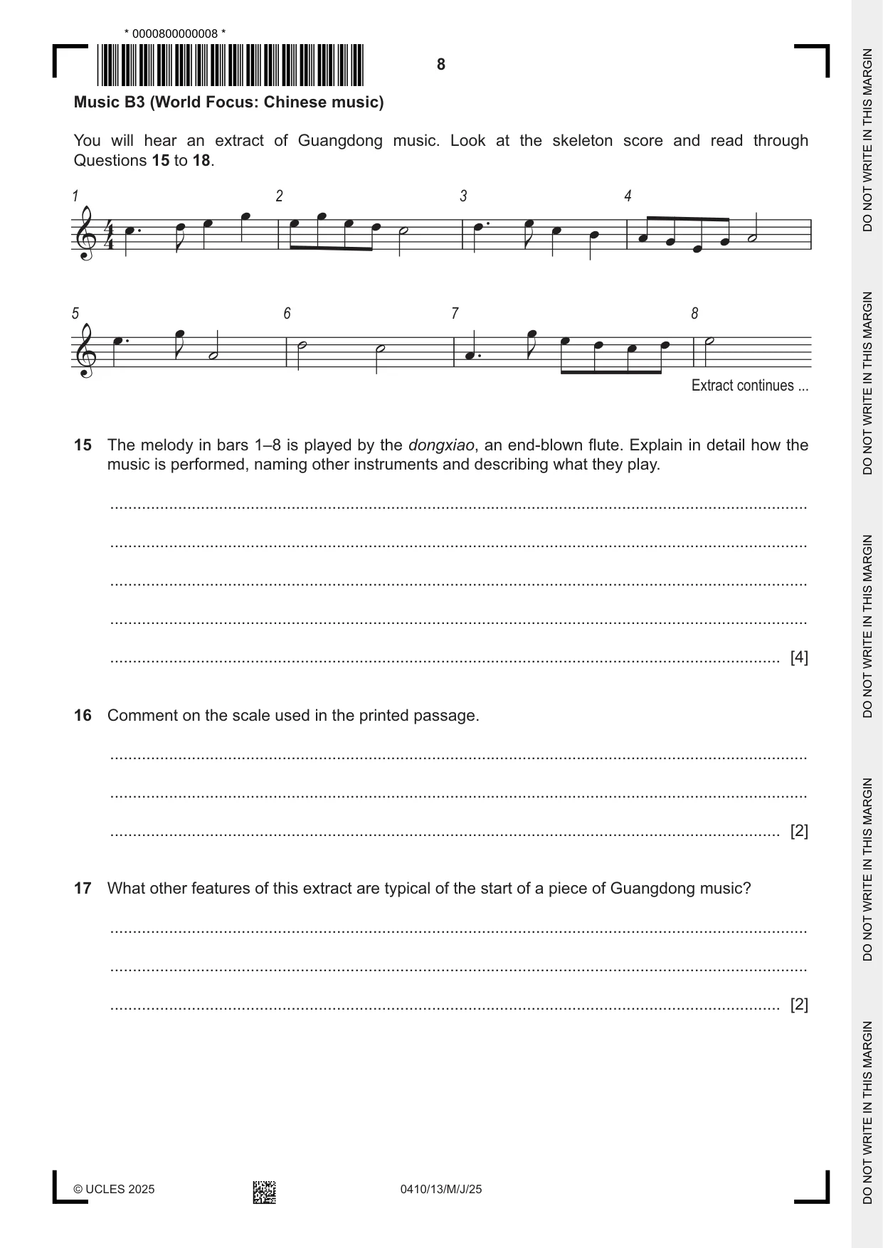 Cambridge IGCSE Music 0410 2025 May/June Paper 1 · Variant 3 question paper, page 8 of 16