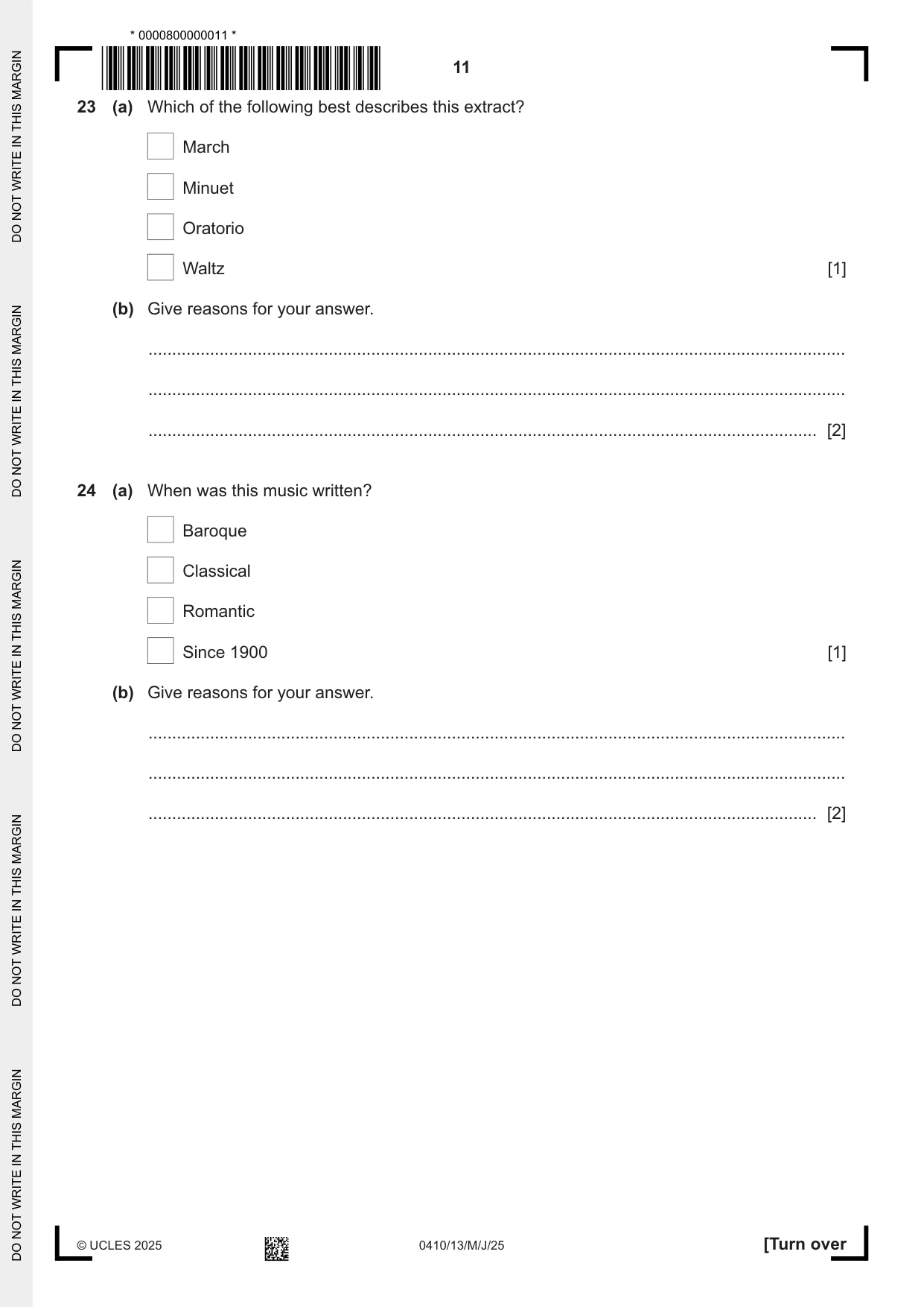 Cambridge IGCSE Music 0410 2025 May/June Paper 1 · Variant 3 question paper, page 11 of 16