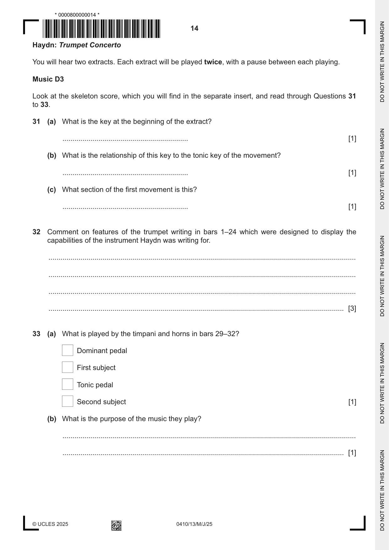 Cambridge IGCSE Music 0410 2025 May/June Paper 1 · Variant 3 question paper, page 14 of 16