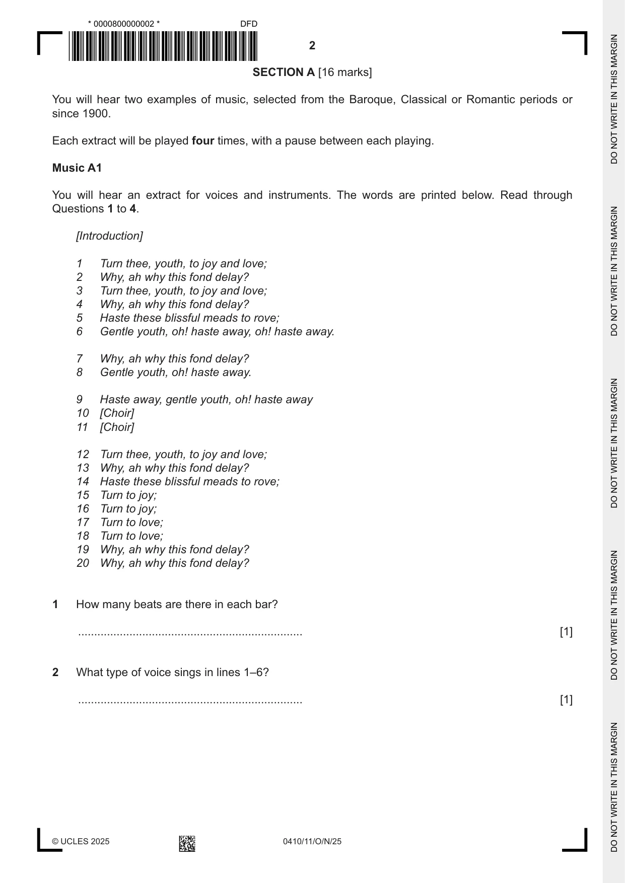 Cambridge IGCSE Music 0410 2025 Oct/Nov Paper 1 · Variant 1 question paper, page 2 of 16