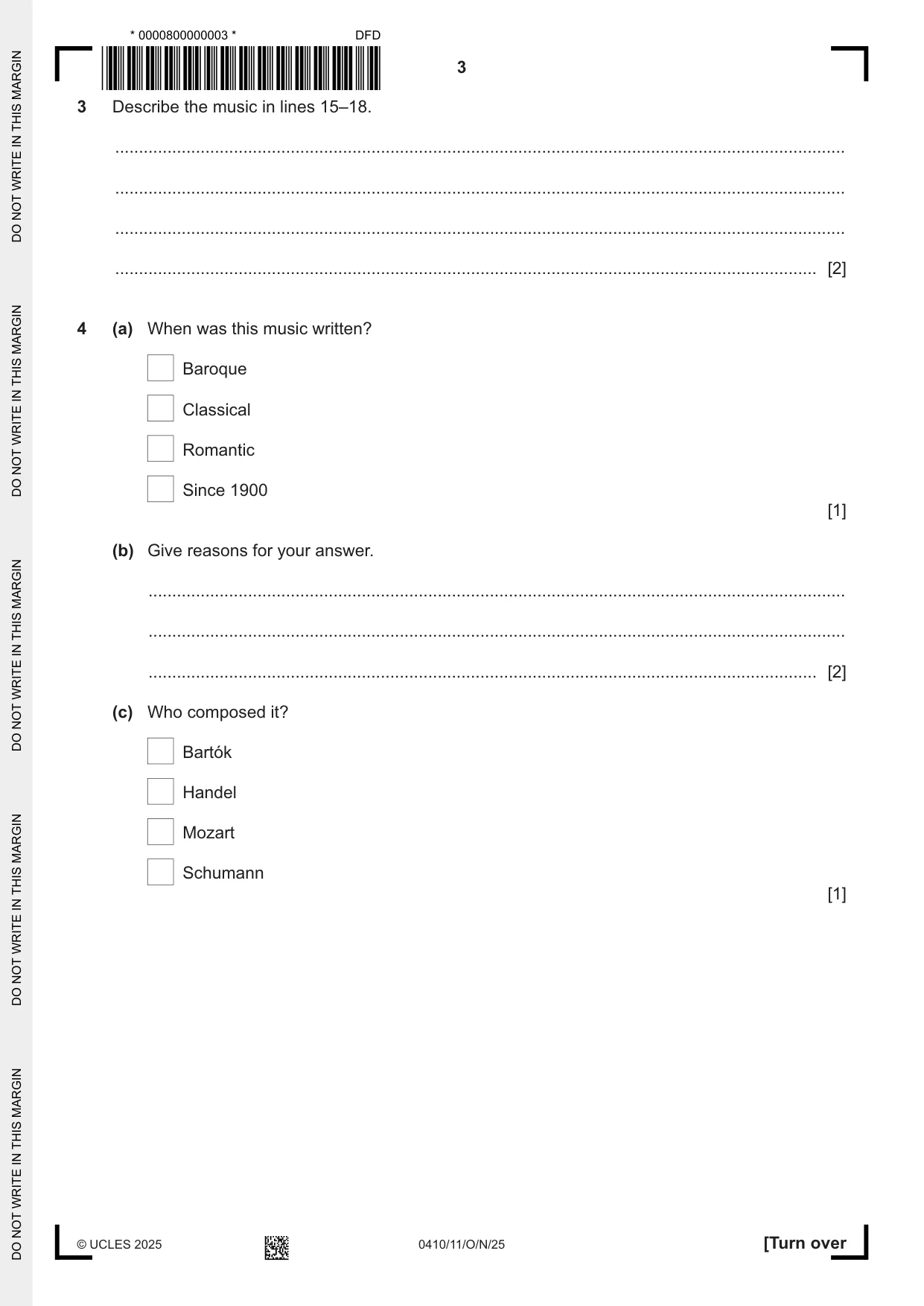 Cambridge IGCSE Music 0410 2025 Oct/Nov Paper 1 · Variant 1 question paper, page 3 of 16