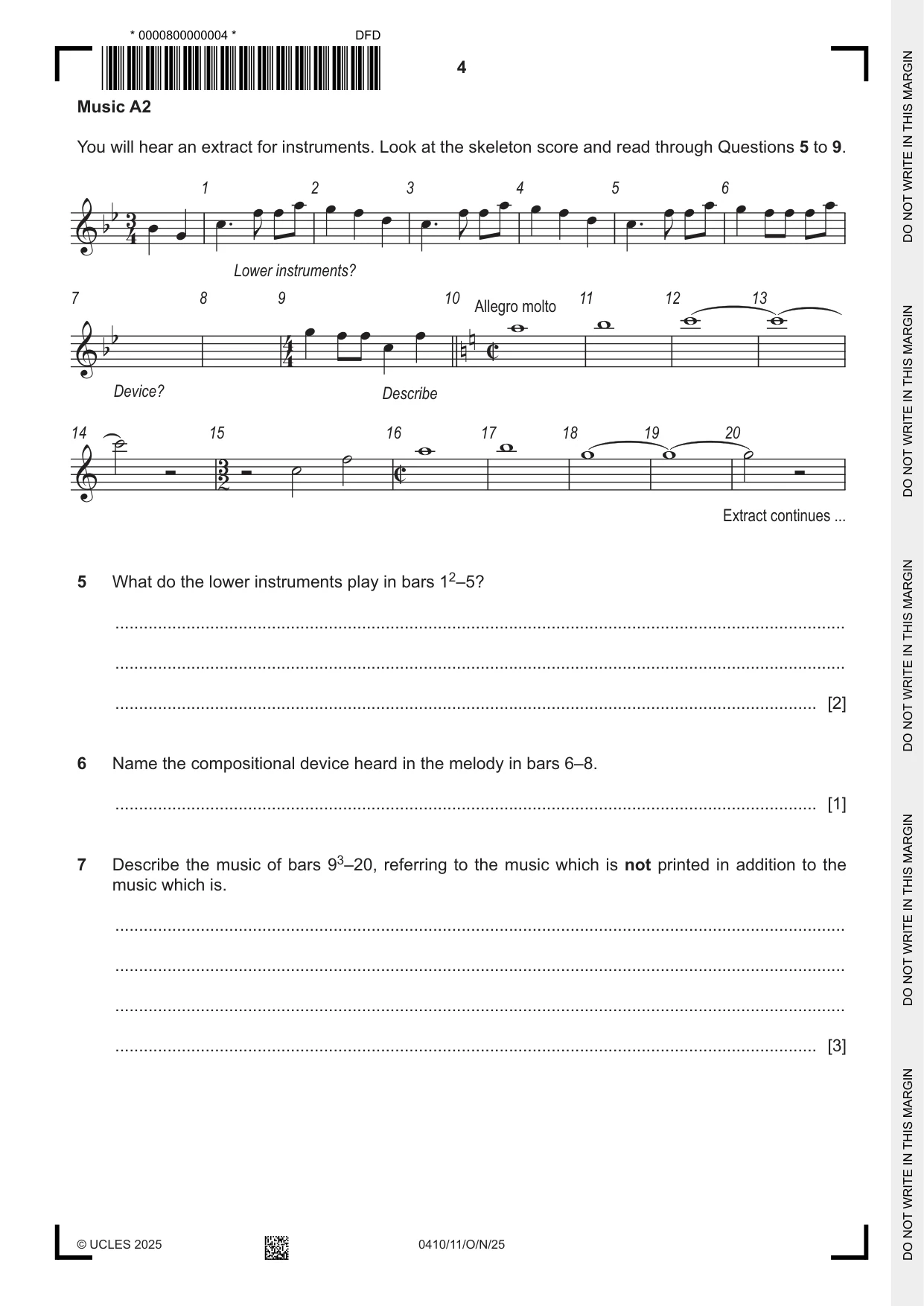 Cambridge IGCSE Music 0410 2025 Oct/Nov Paper 1 · Variant 1 question paper, page 4 of 16