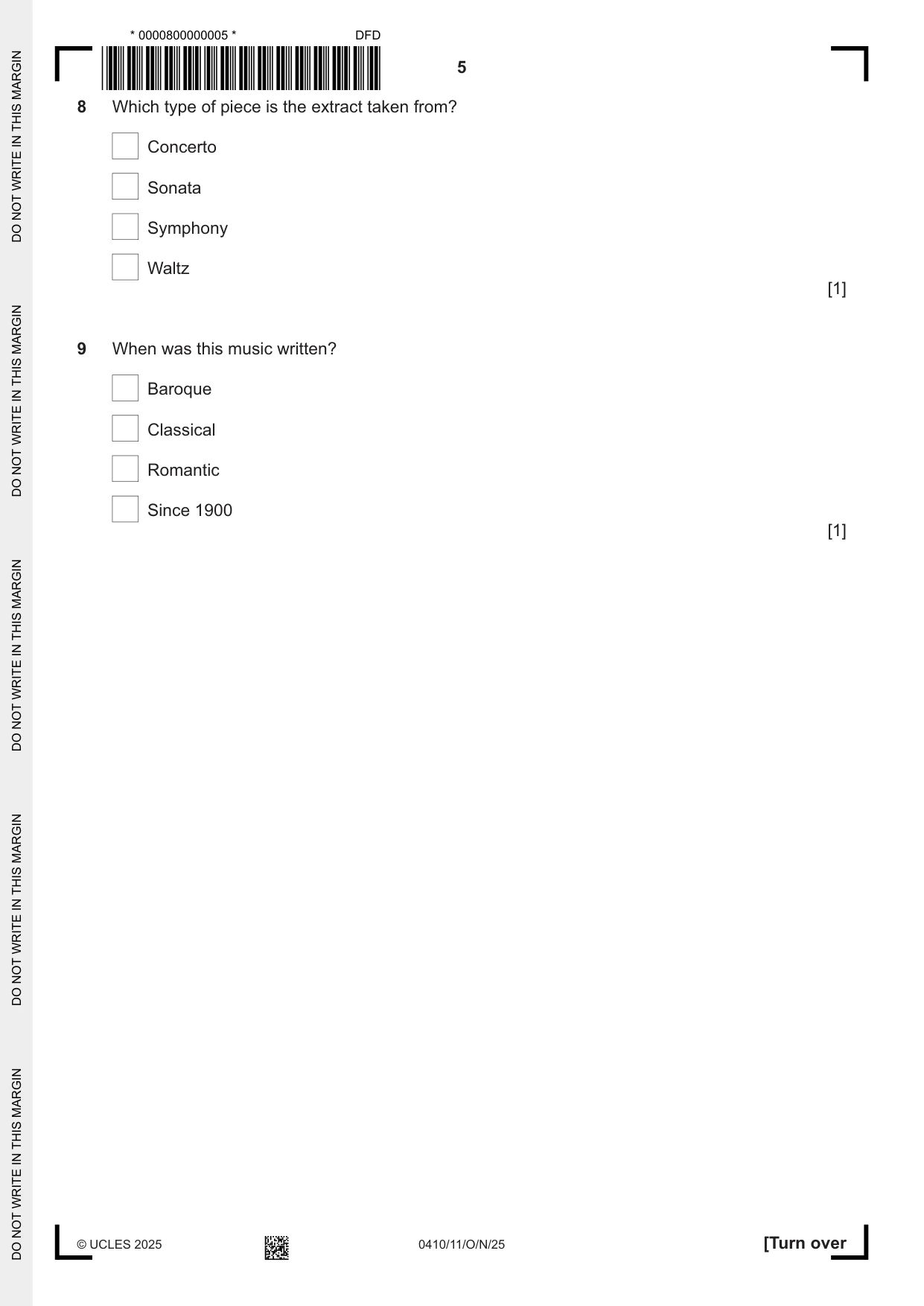 Cambridge IGCSE Music 0410 2025 Oct/Nov Paper 1 · Variant 1 question paper, page 5 of 16